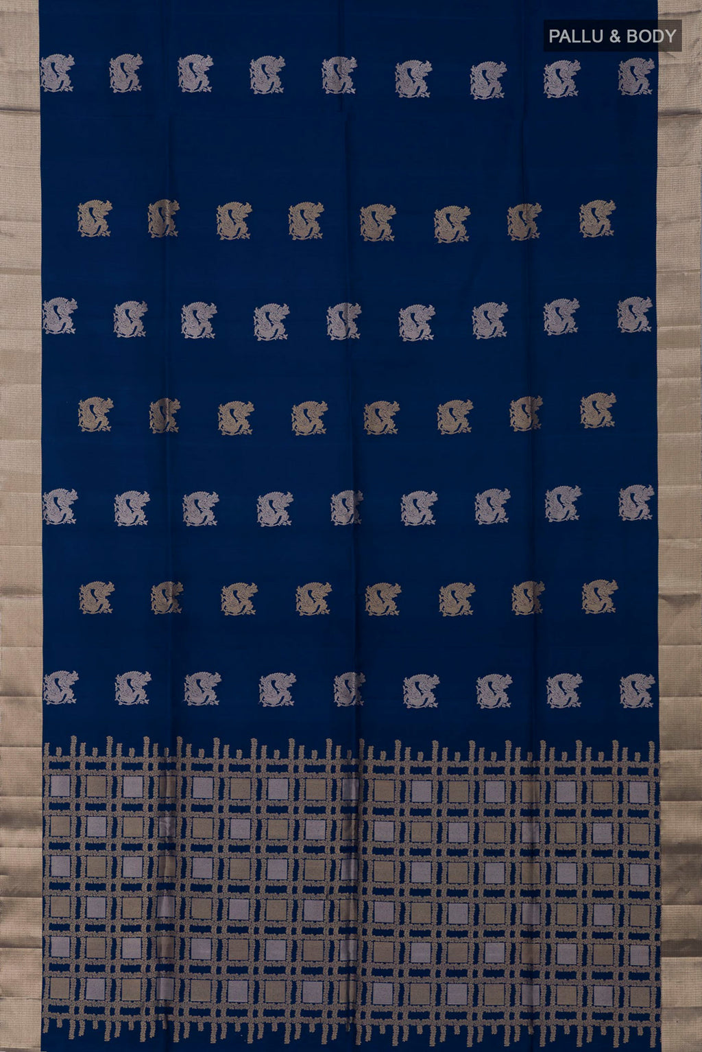 Flat view of Blue Soft Silk Saree with Zari Butta on the body and Zari Border. 
