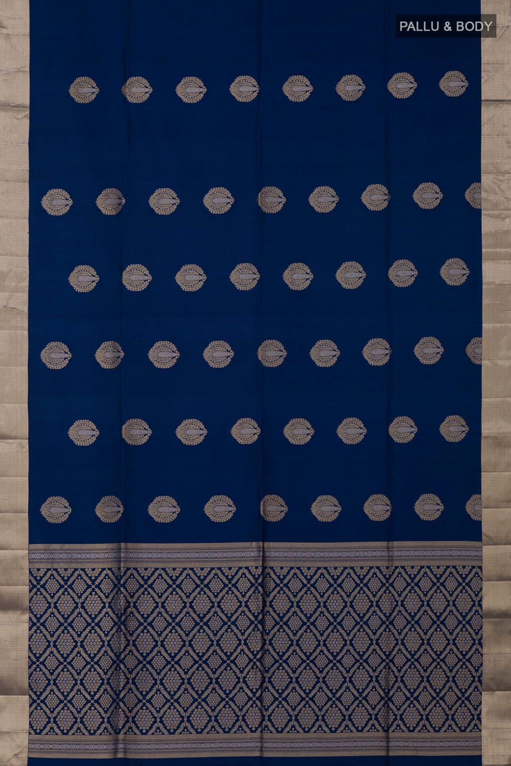 Flat view of Blue Soft Silk Saree with Zari Butta on the body and Zari Border. 