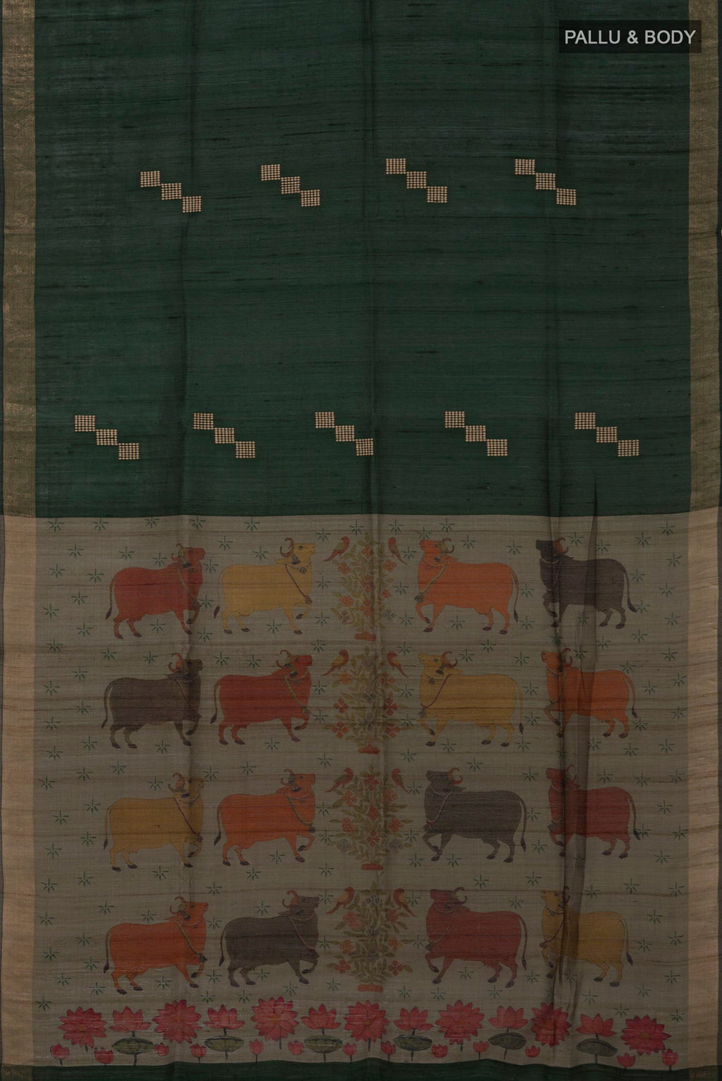 Flat view of Green Tussar Silk Saree with Thread Butta on the body and Zari Border. 