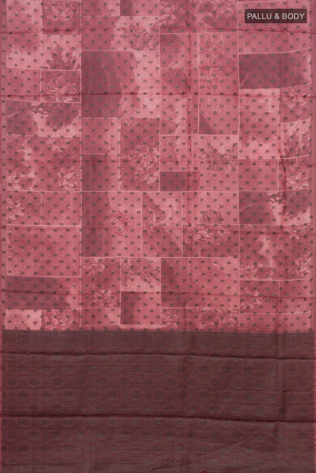 Flat view of Coral Tussar Silk Saree with Printed design on the body and Without Border. 