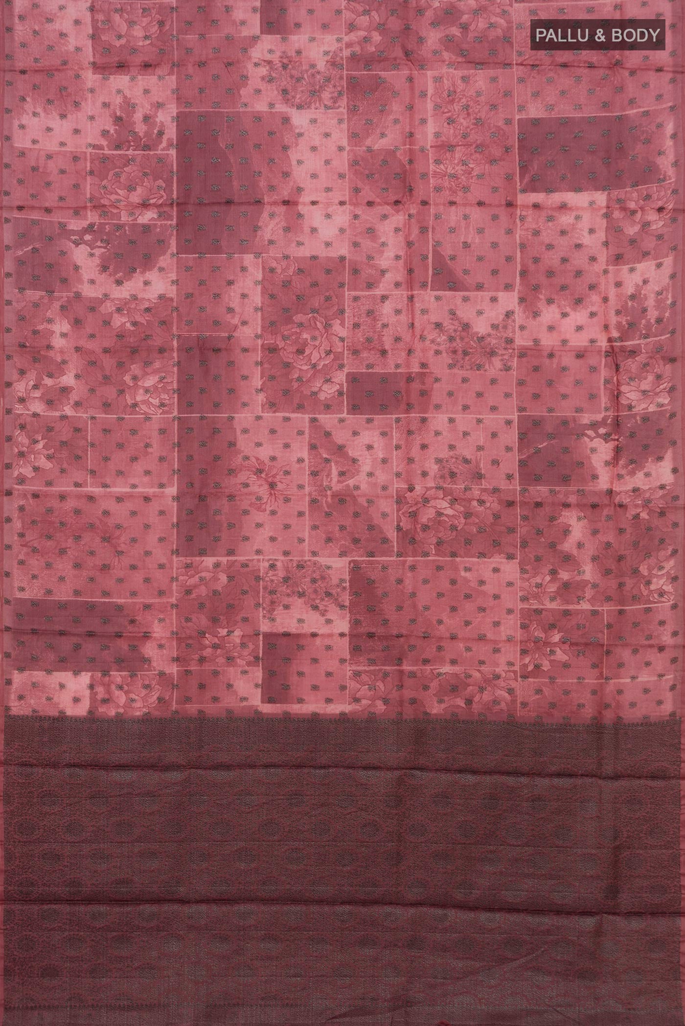 Flat view of Coral Tussar Silk Saree with Printed design on the body and Without Border. 
