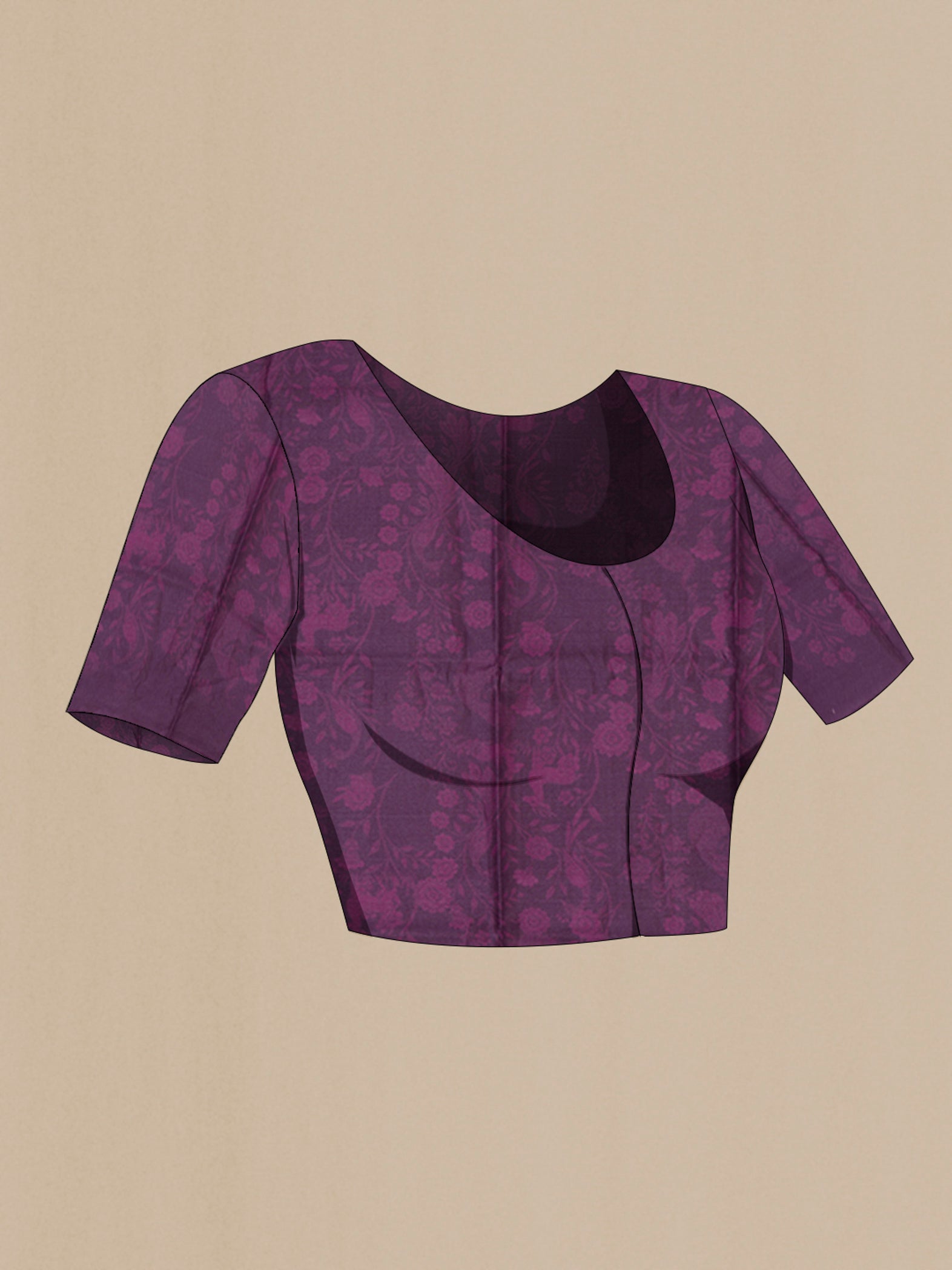 Close up image of the blouse of Purple Tussar Silk Saree with Stripes on the body and Printed Border. 