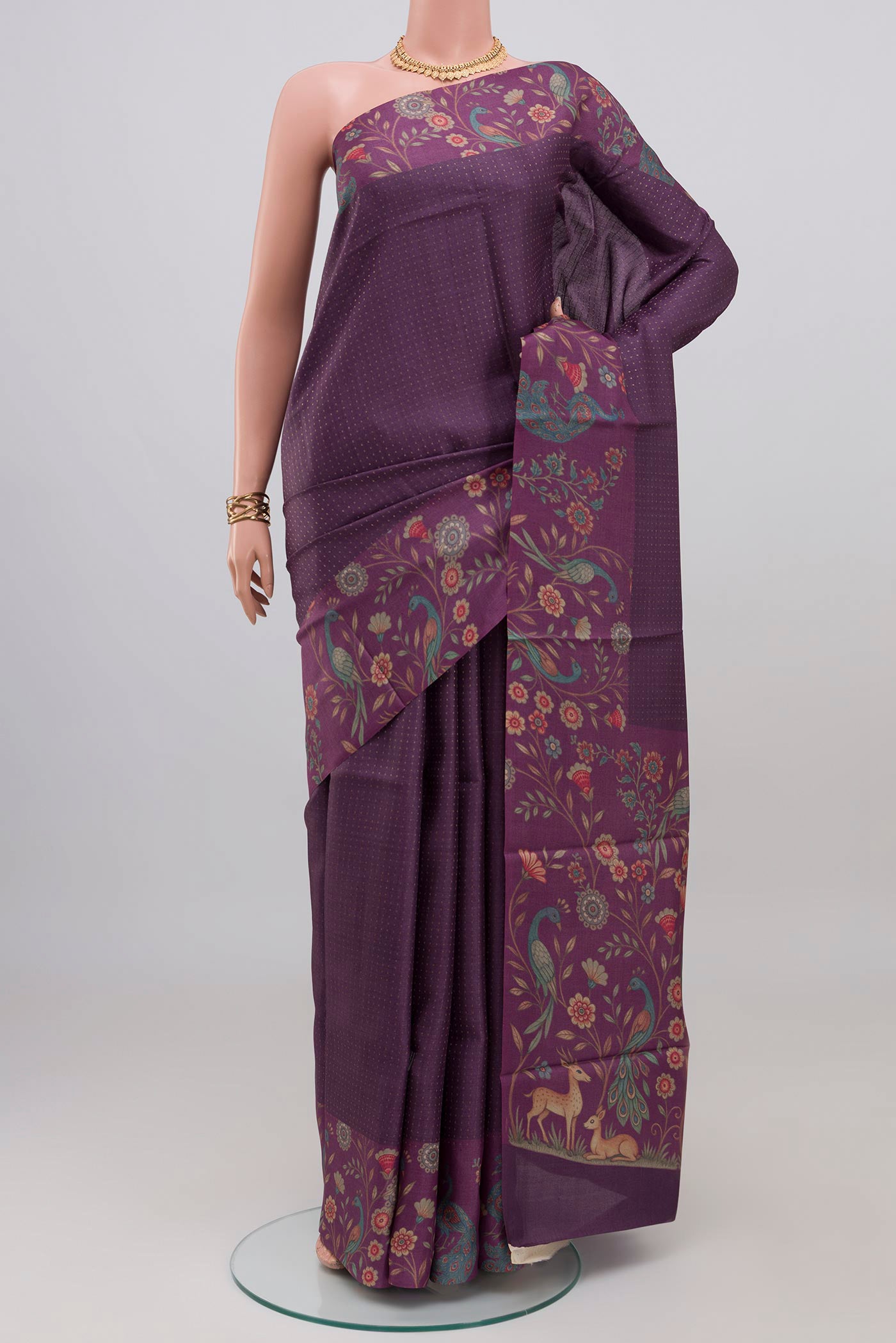 Purple Tussar Silk Saree with Stripes on the body and Printed Border.  displayed on a mannequin