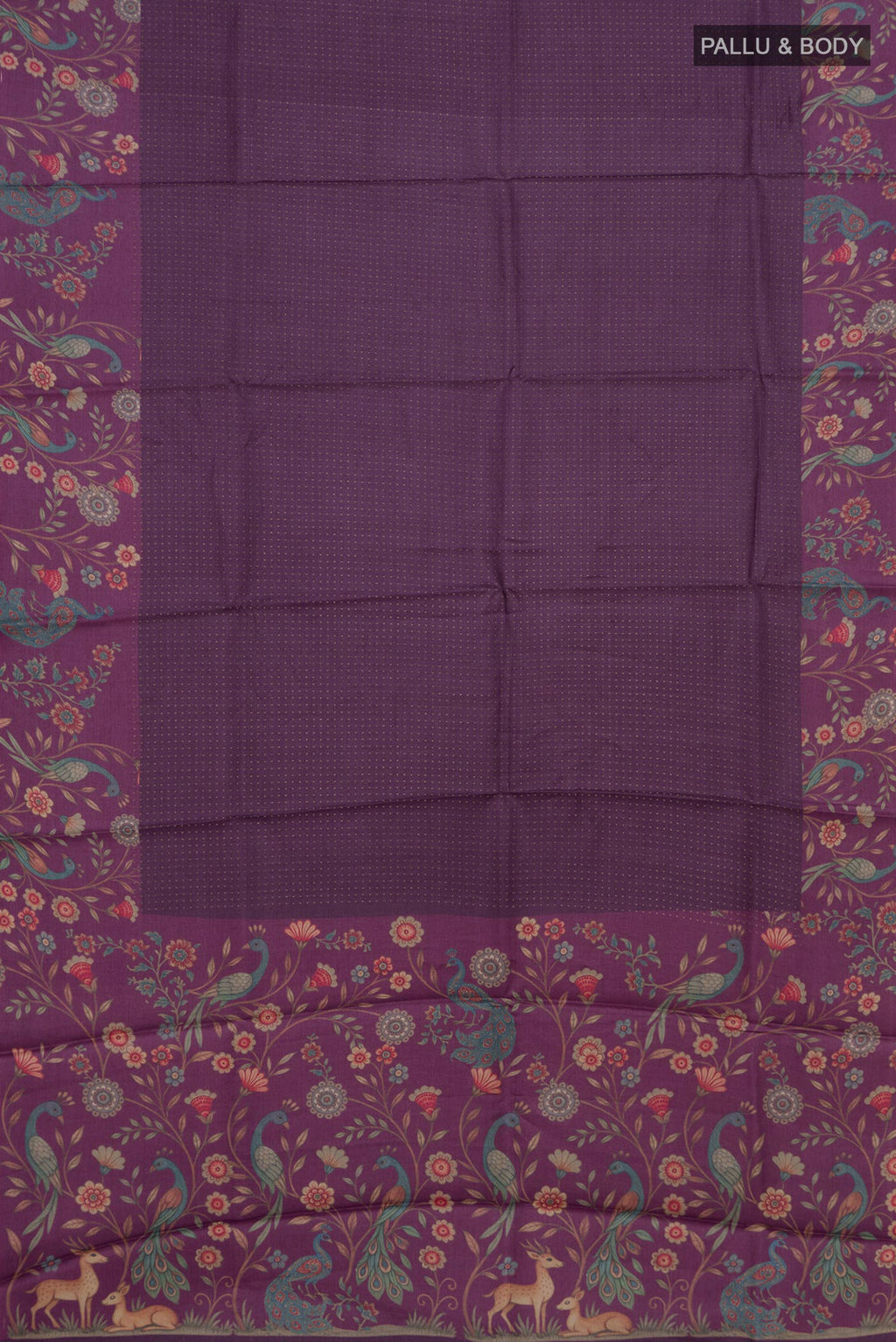 Flat view of Purple Tussar Silk Saree with Stripes on the body and Printed Border. 