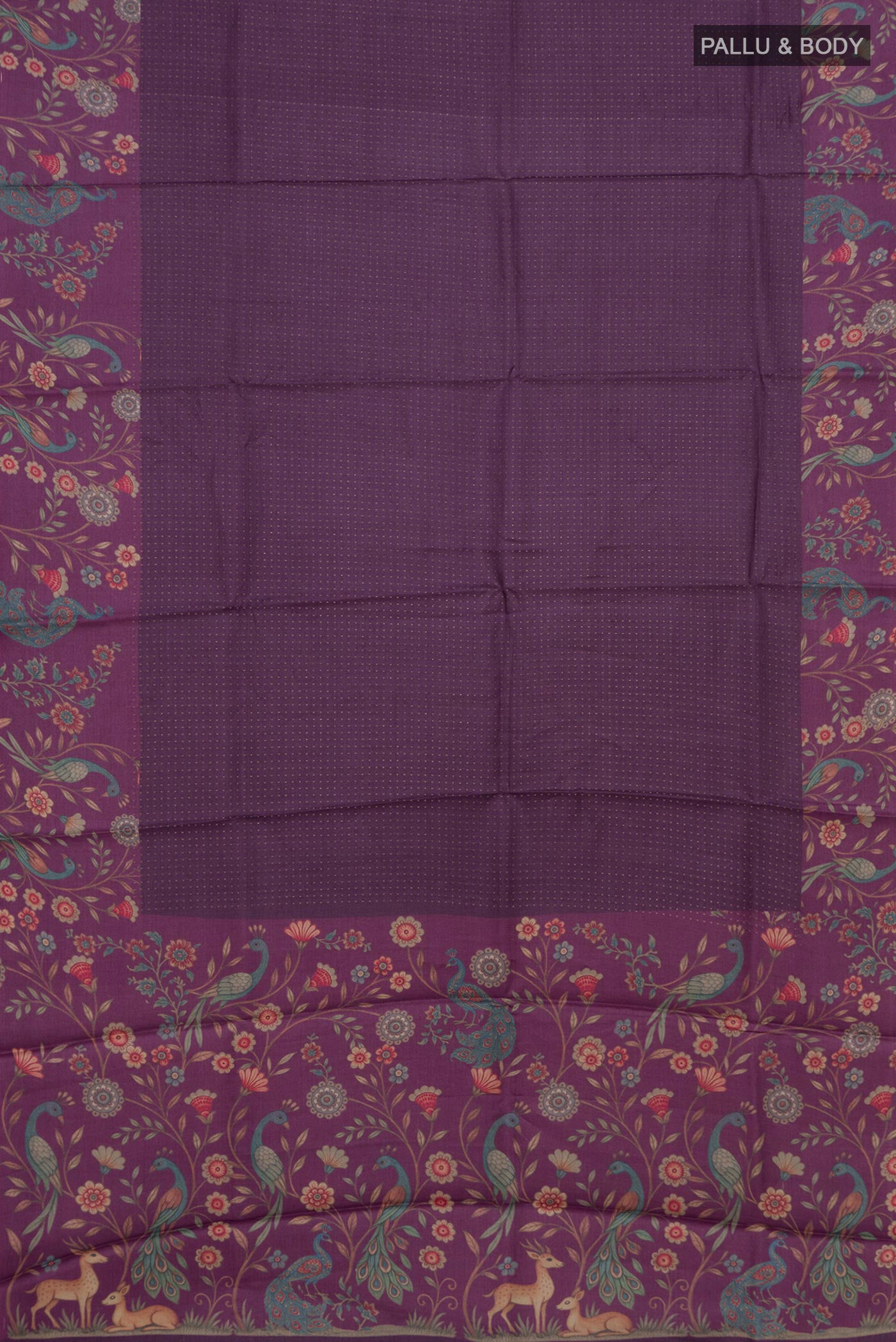 Flat view of Purple Tussar Silk Saree with Stripes on the body and Printed Border. 