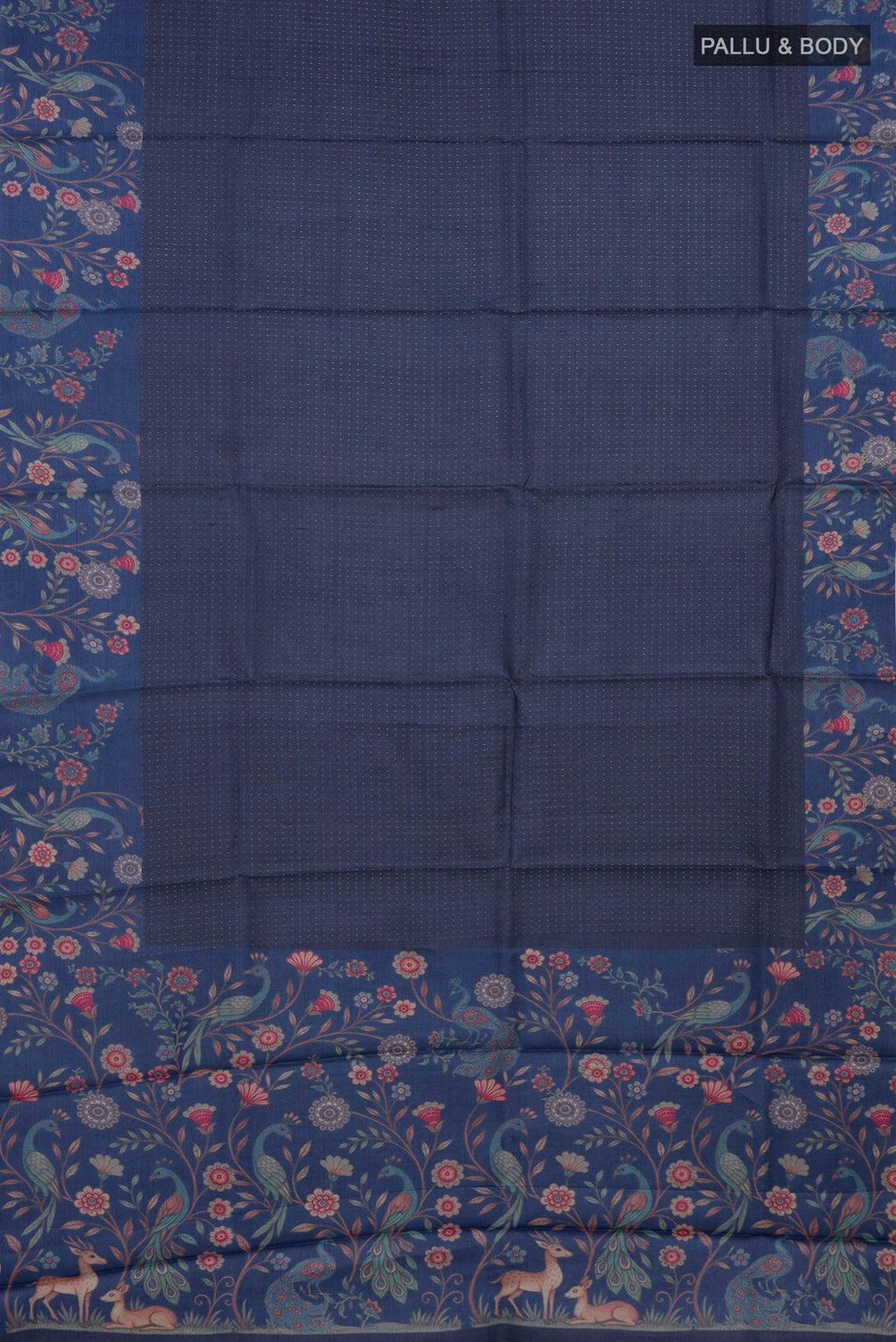 Flat view of Blue Grey Tussar Saree with Checked design on the body and Printed Border. 