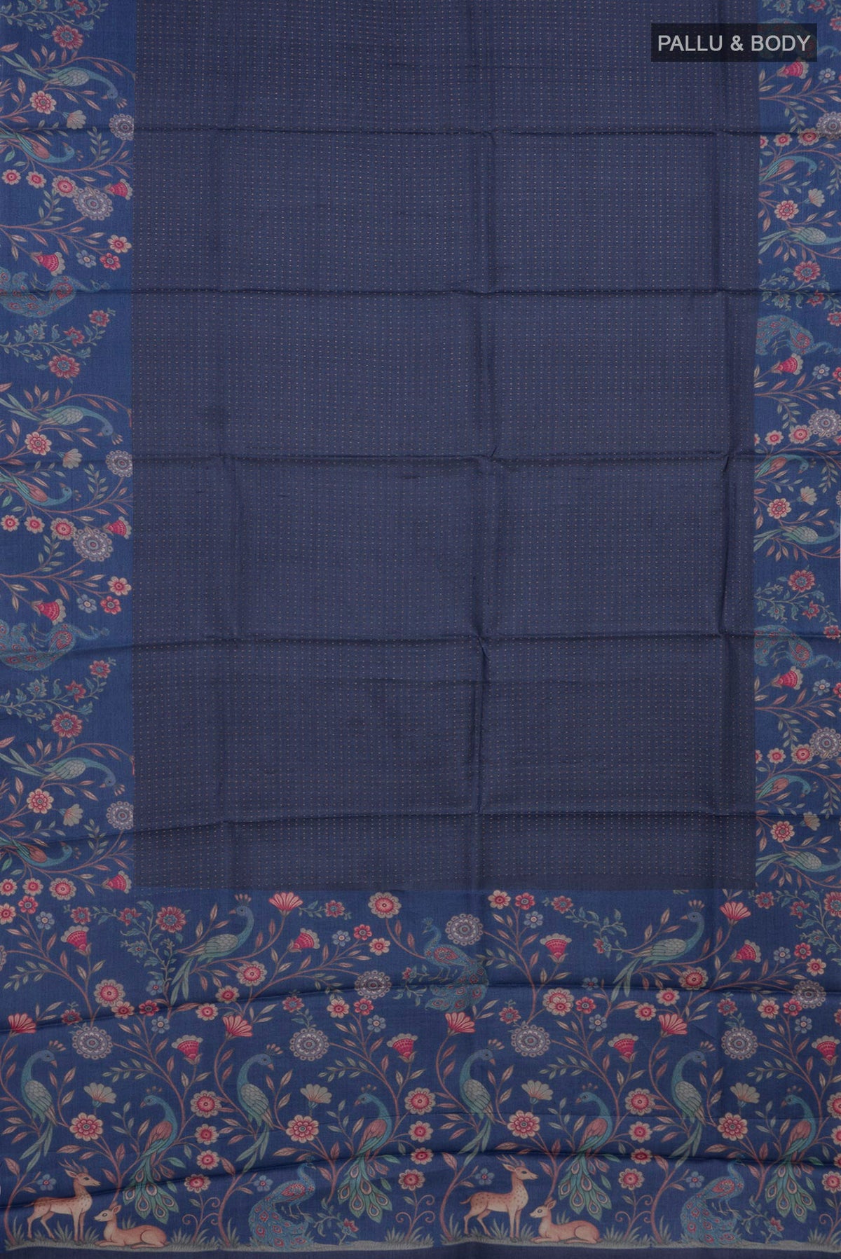 Flat view of Blue Grey Tussar Saree with Checked design on the body and Printed Border. 