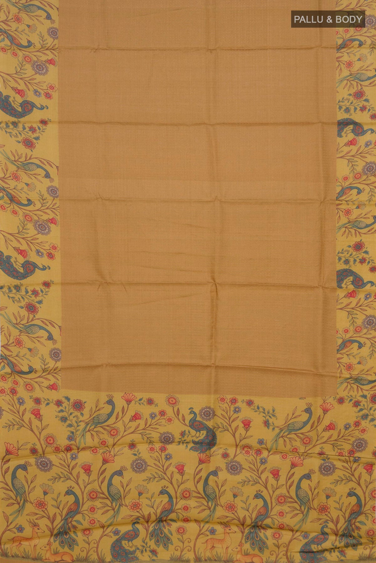 Flat view of Mustard Tussar Saree with Checked design on the body and Printed Border. 