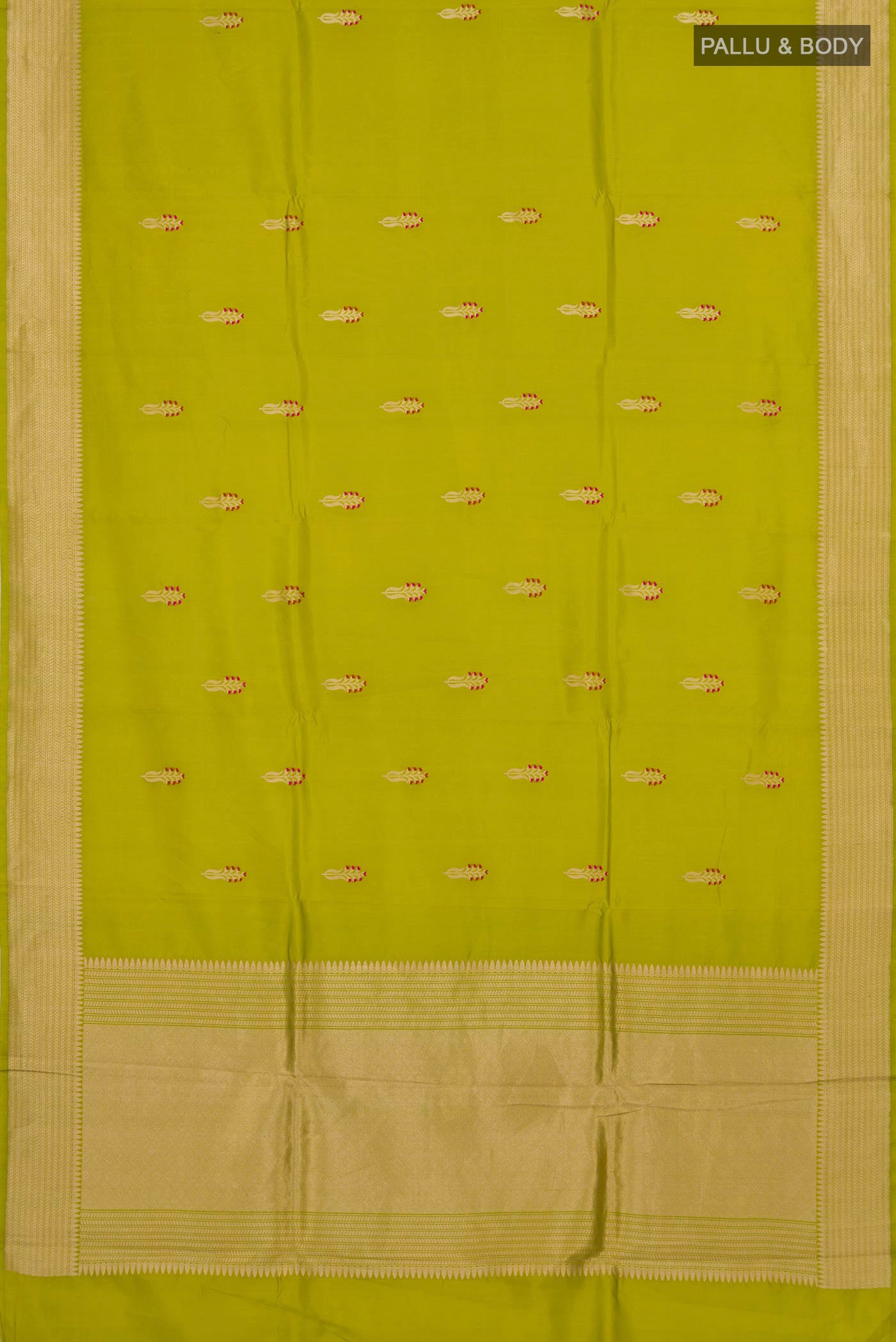 Flat view of Parrot Green Banarasi Katan Silk Saree with Zari Butta on the body and Fancy Border. 
