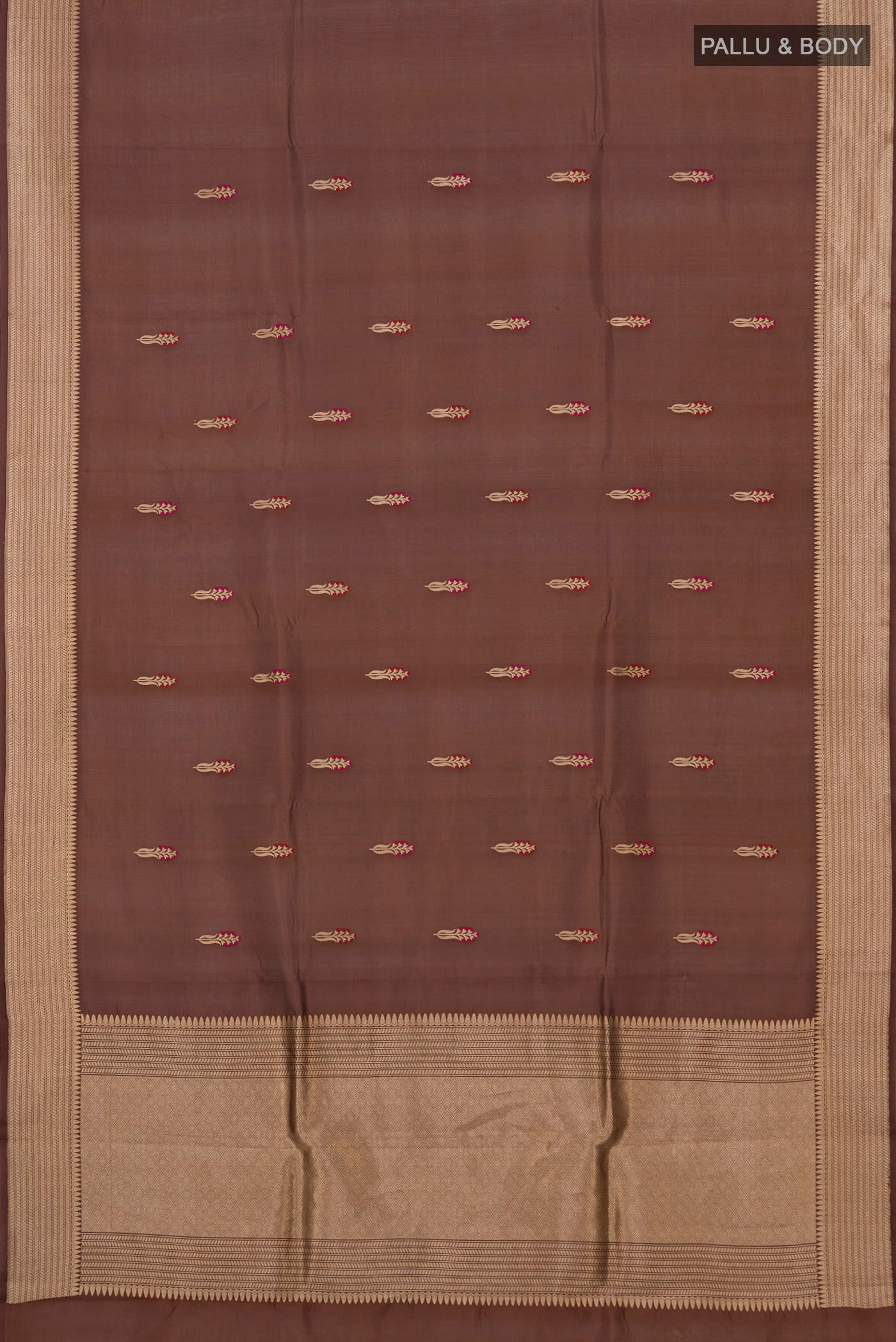 Flat view of Brown Banarasi Katan Silk Saree with Zari Butta on the body and Zari Border. 