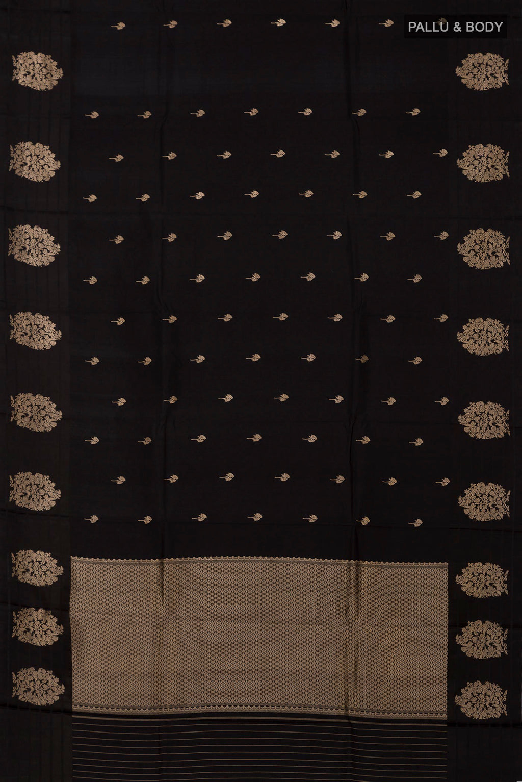 Flat view of Black Banarasi Katan Silk Saree with Zari Butta on the body and Fancy Border. 
