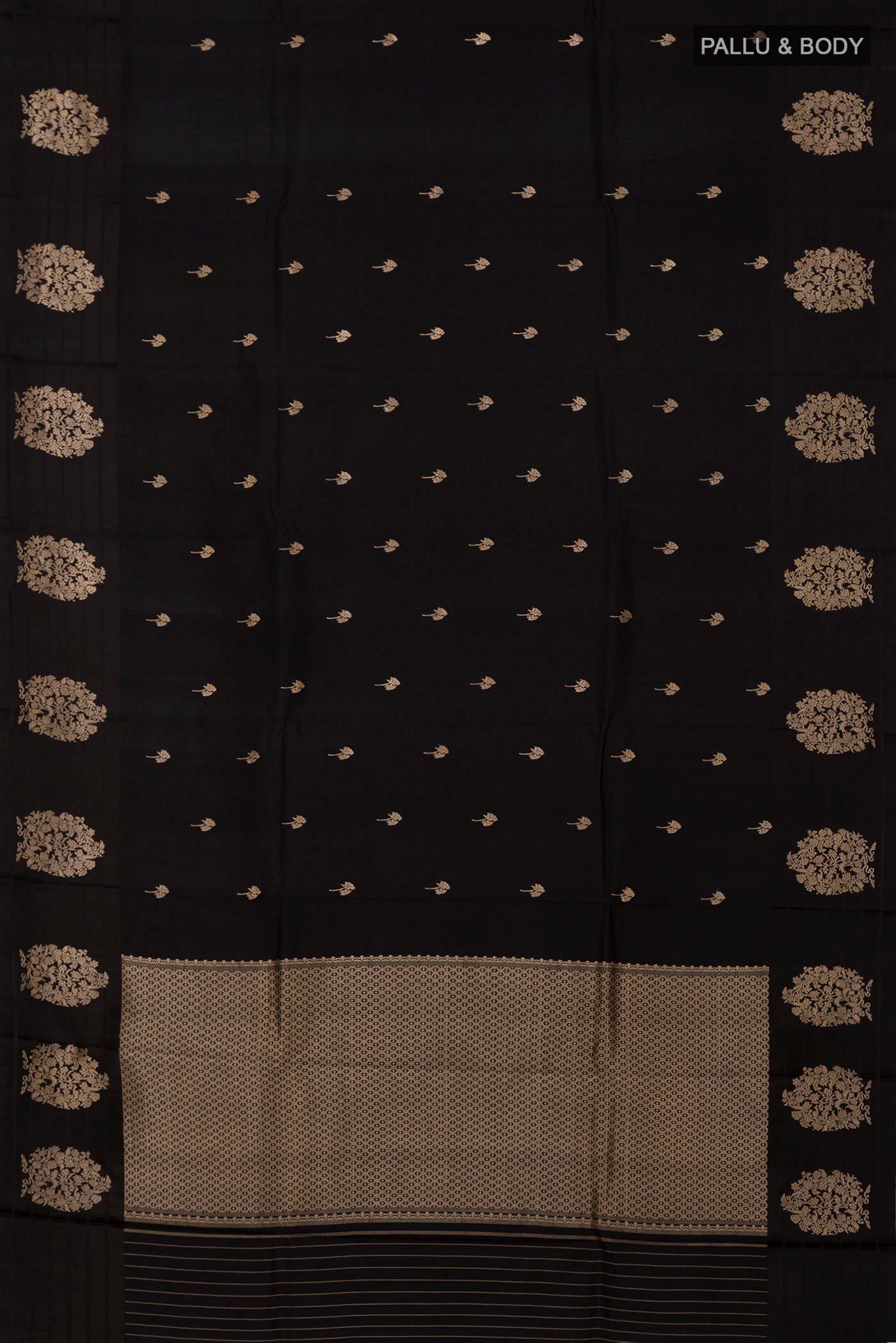 Flat view of Black Banarasi Katan Silk Saree with Zari Butta on the body and Fancy Border. 