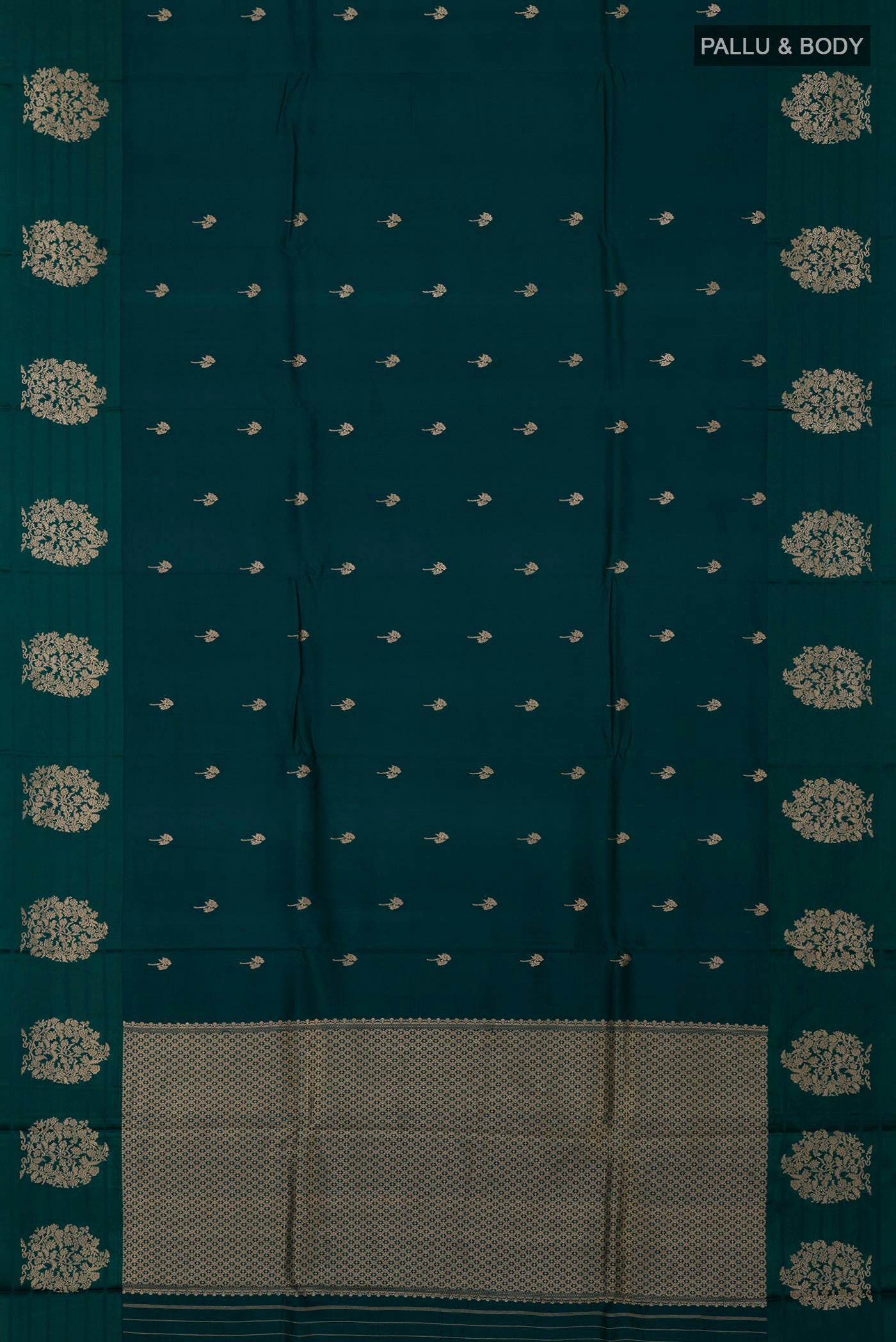 Flat view of Green Banarasi Katan Silk Saree with Zari Butta on the body and Fancy Border. 