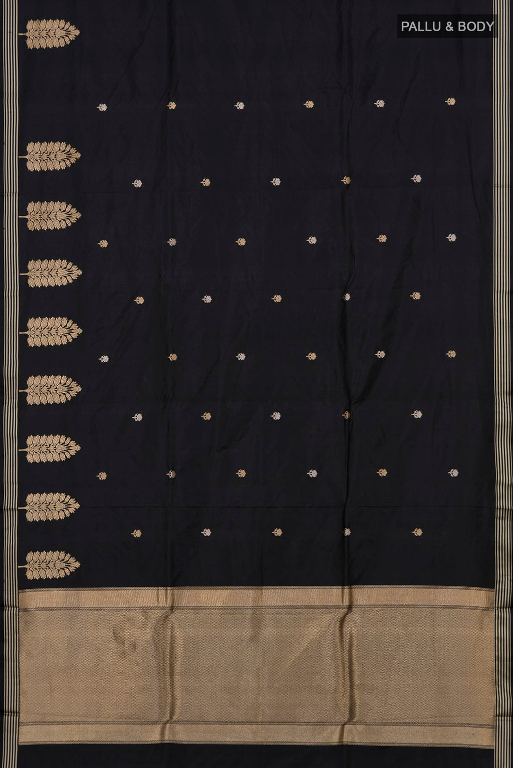 Flat view of Black Banarasi Katan Silk Saree with Zari Butta on the body and Zari Border. 