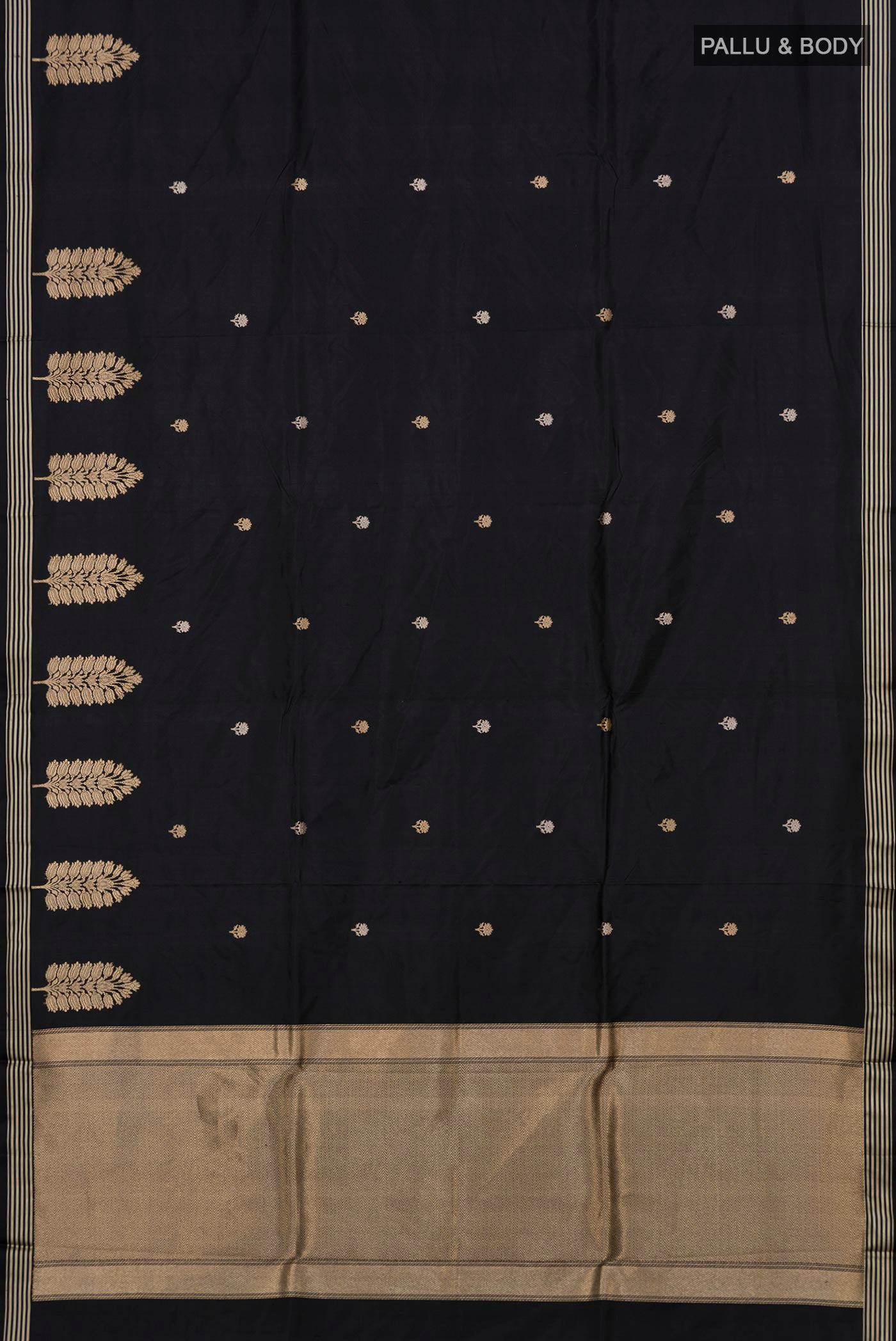 Flat view of Black Banarasi Katan Silk Saree with Zari Butta on the body and Zari Border. 