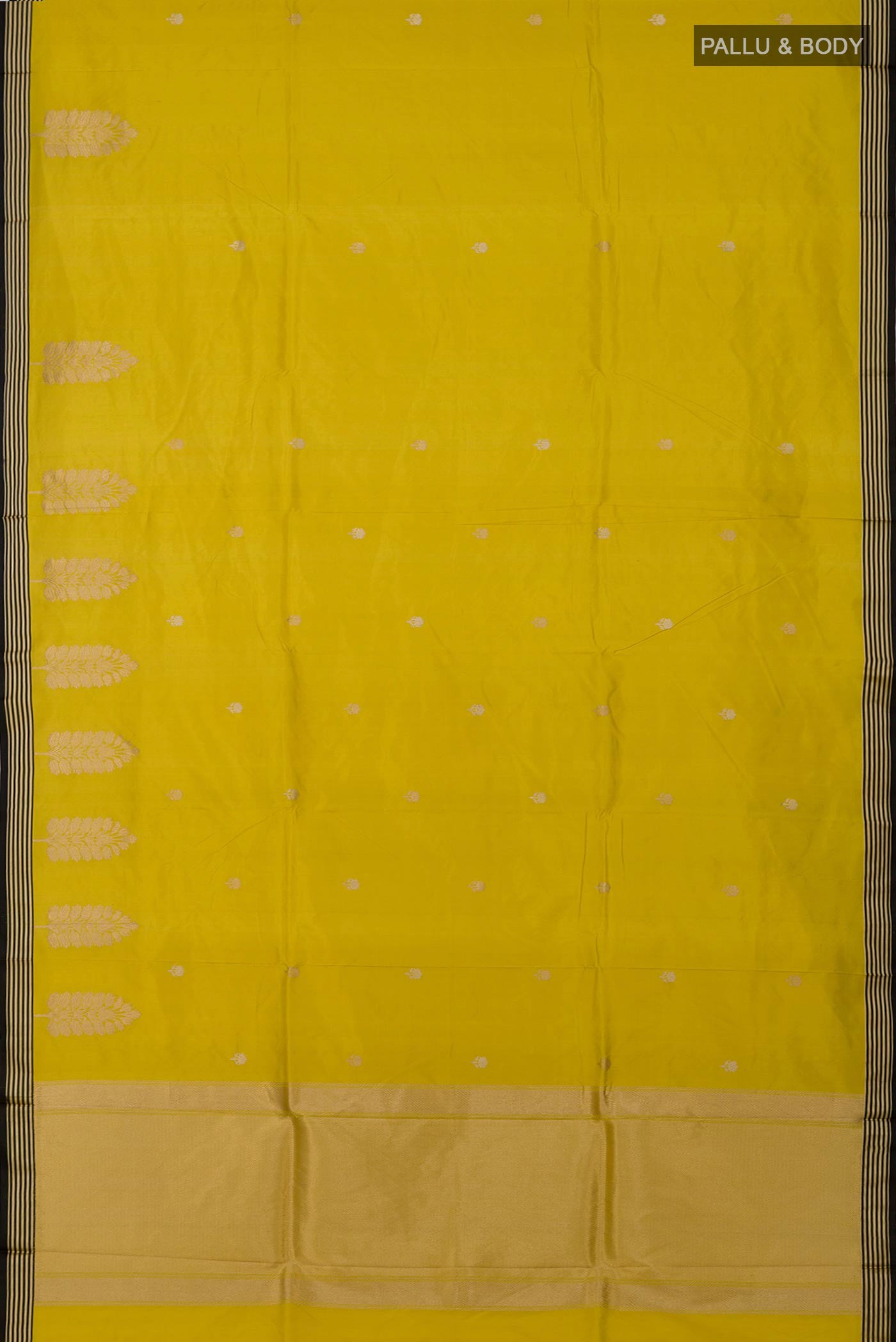 Flat view of Lemon Yellow Banarasi Katan Silk Saree with Zari Butta on the body and Fancy Border. 