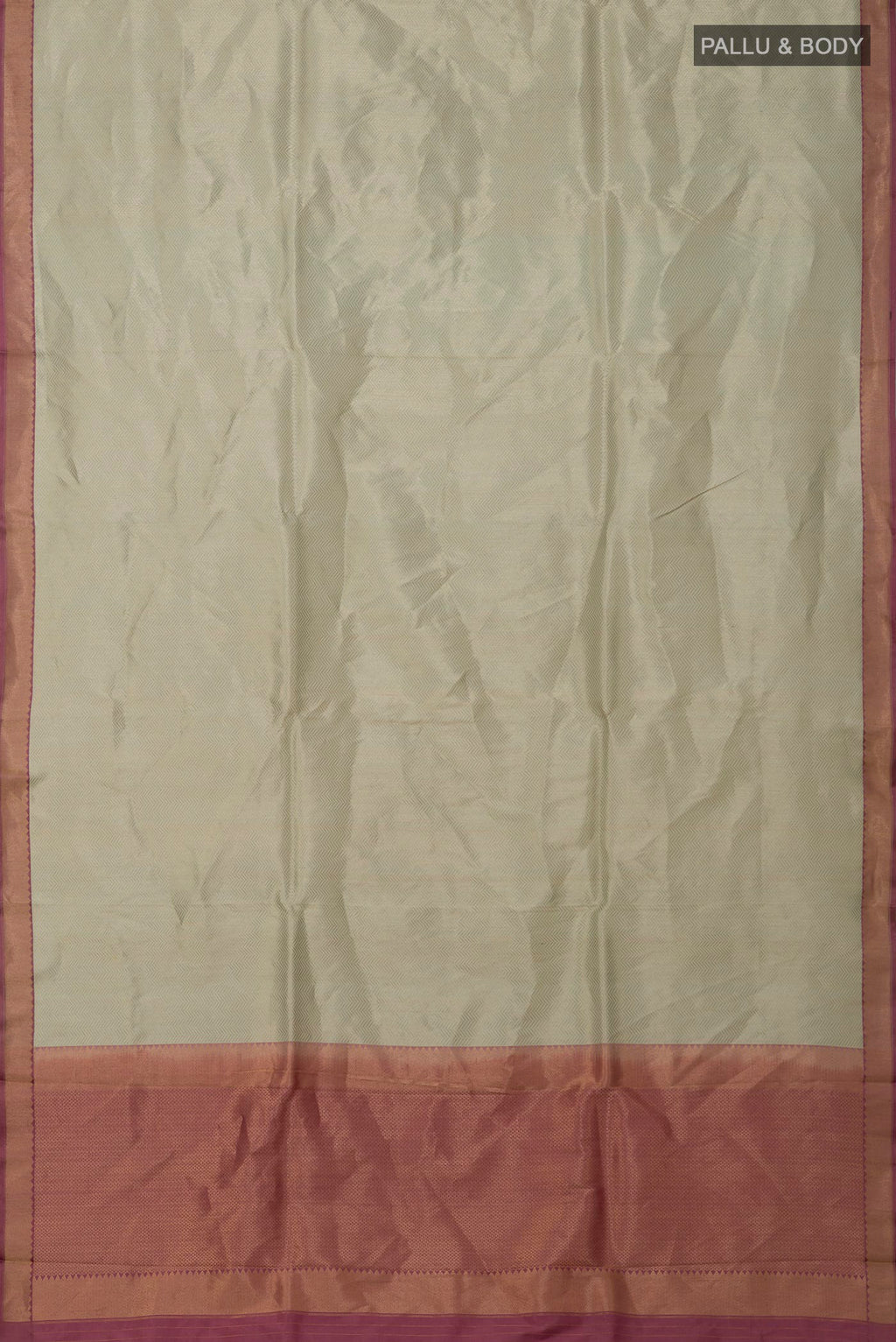 Flat view of Cream Banarasi Katan Silk Saree with Zari Brocade on the body and Zari Border. 