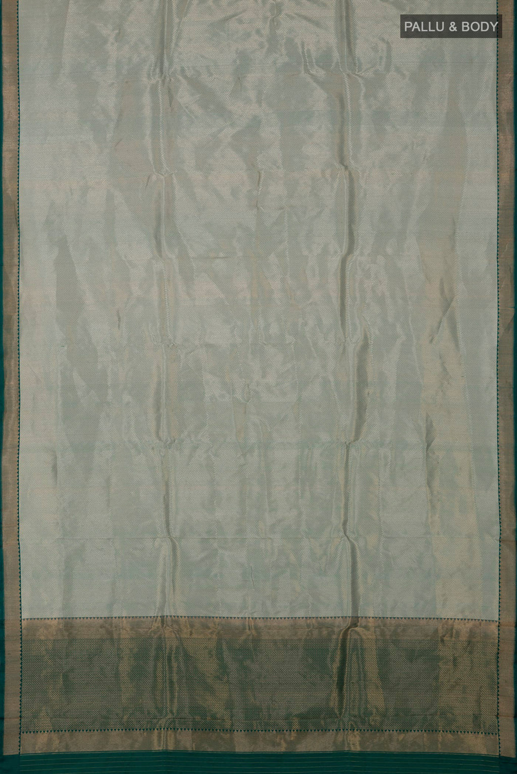 Flat view of Light Blue Banarasi Katan Silk Saree with Zari Brocade on the body and Zari Border. 