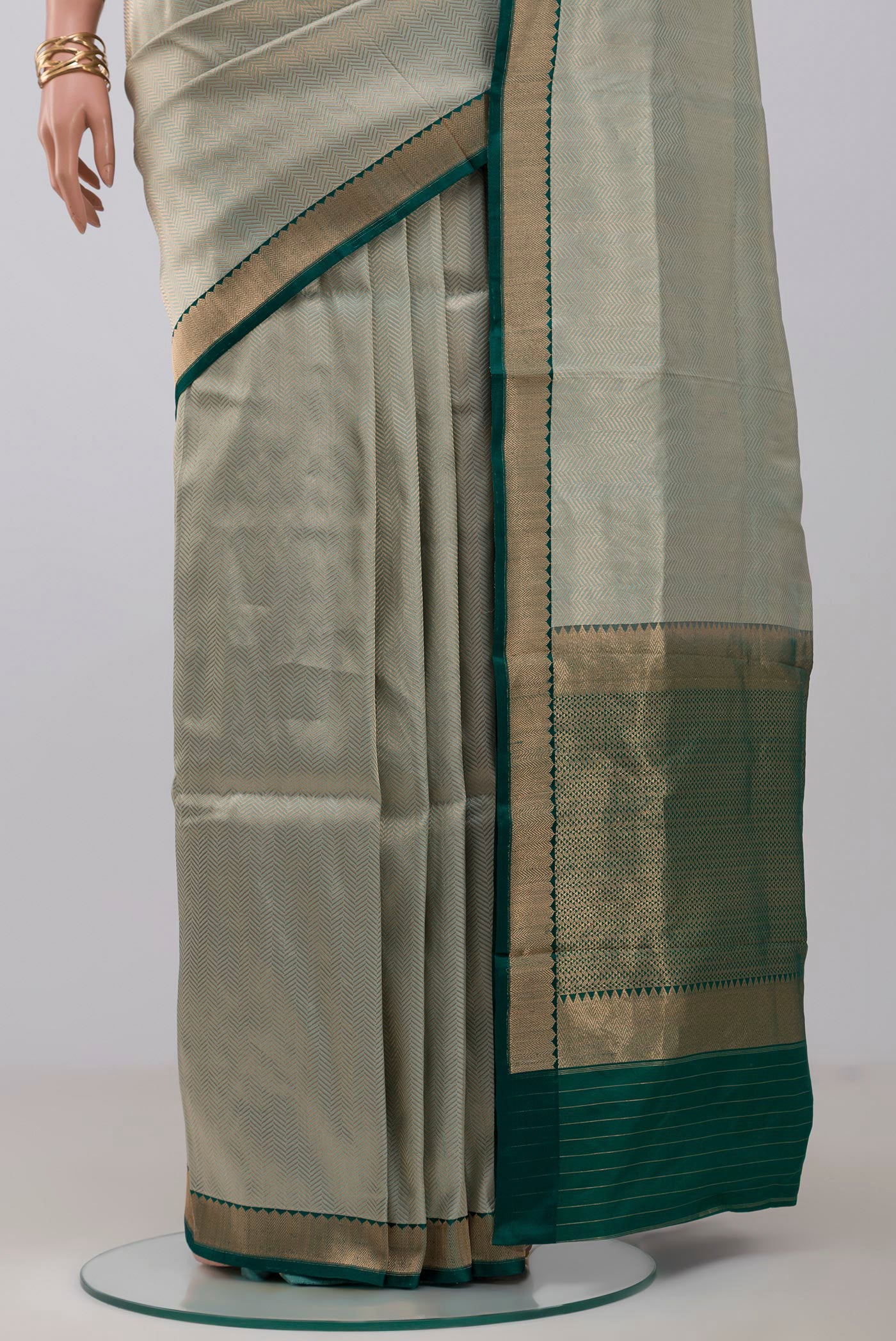 Pleats and pallu of Light Blue Banarasi Katan Silk Saree with Zari Brocade on the body and Zari Border. 