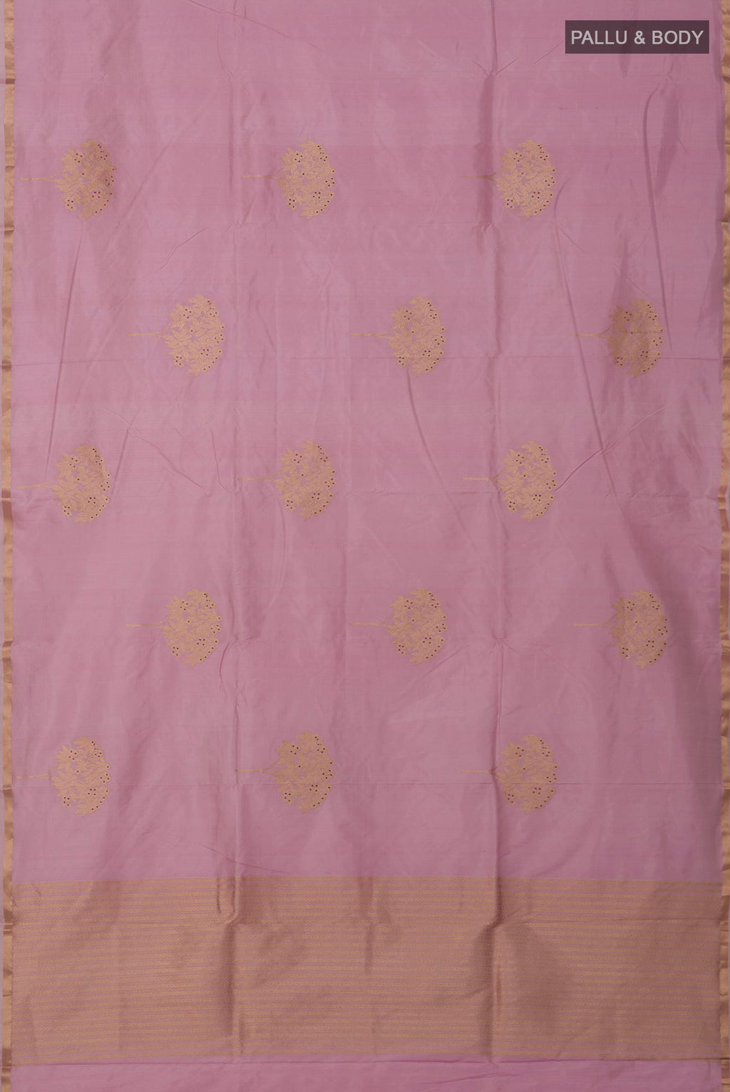 Flat view of Rose pink Banarasi Katan Silk Saree with Zari Butta on the body and Thin Zari Line. 