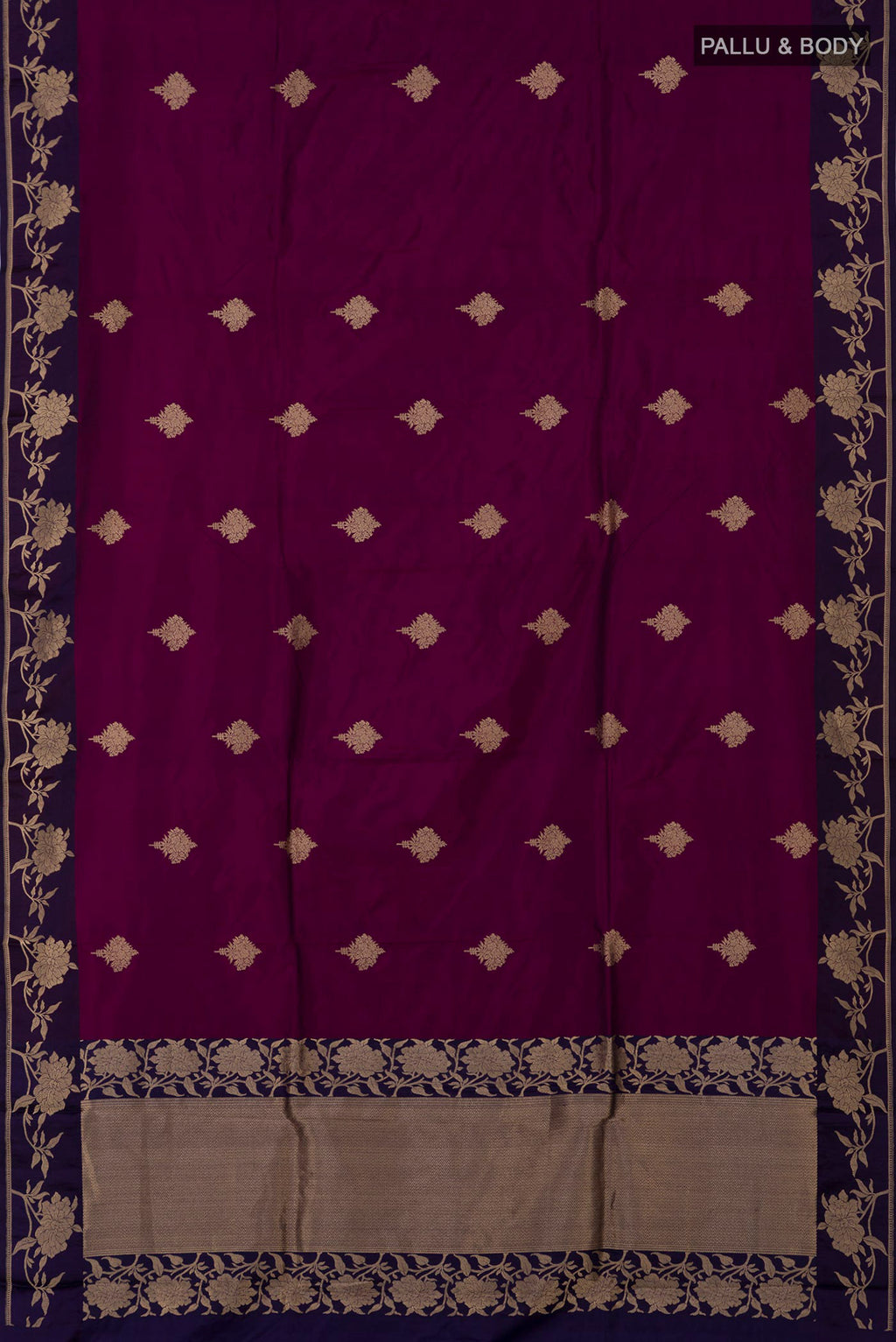Flat view of Purple Banarasi Katan Silk Saree with Zari Butta on the body and Fancy Border. 