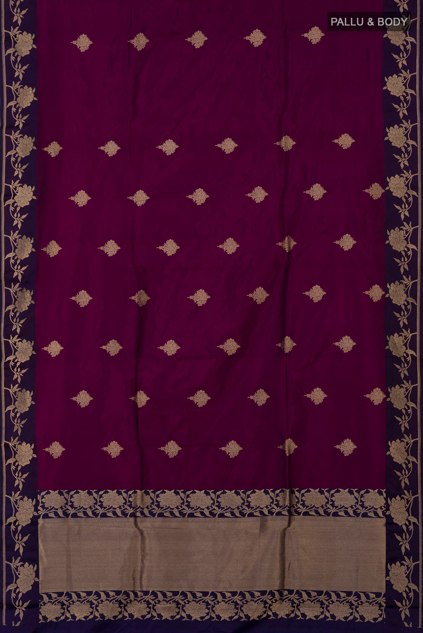 Flat view of Purple Banarasi Katan Silk Saree with Zari Butta on the body and Fancy Border. 