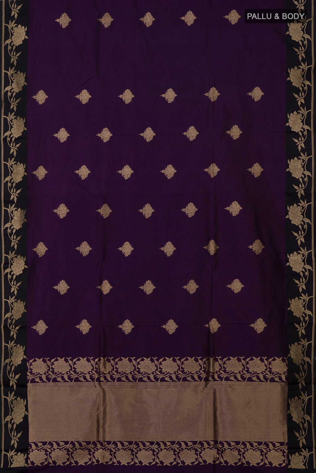 Flat view of Purple Banarasi Katan Silk Saree with Zari Butta on the body and Fancy Border. 