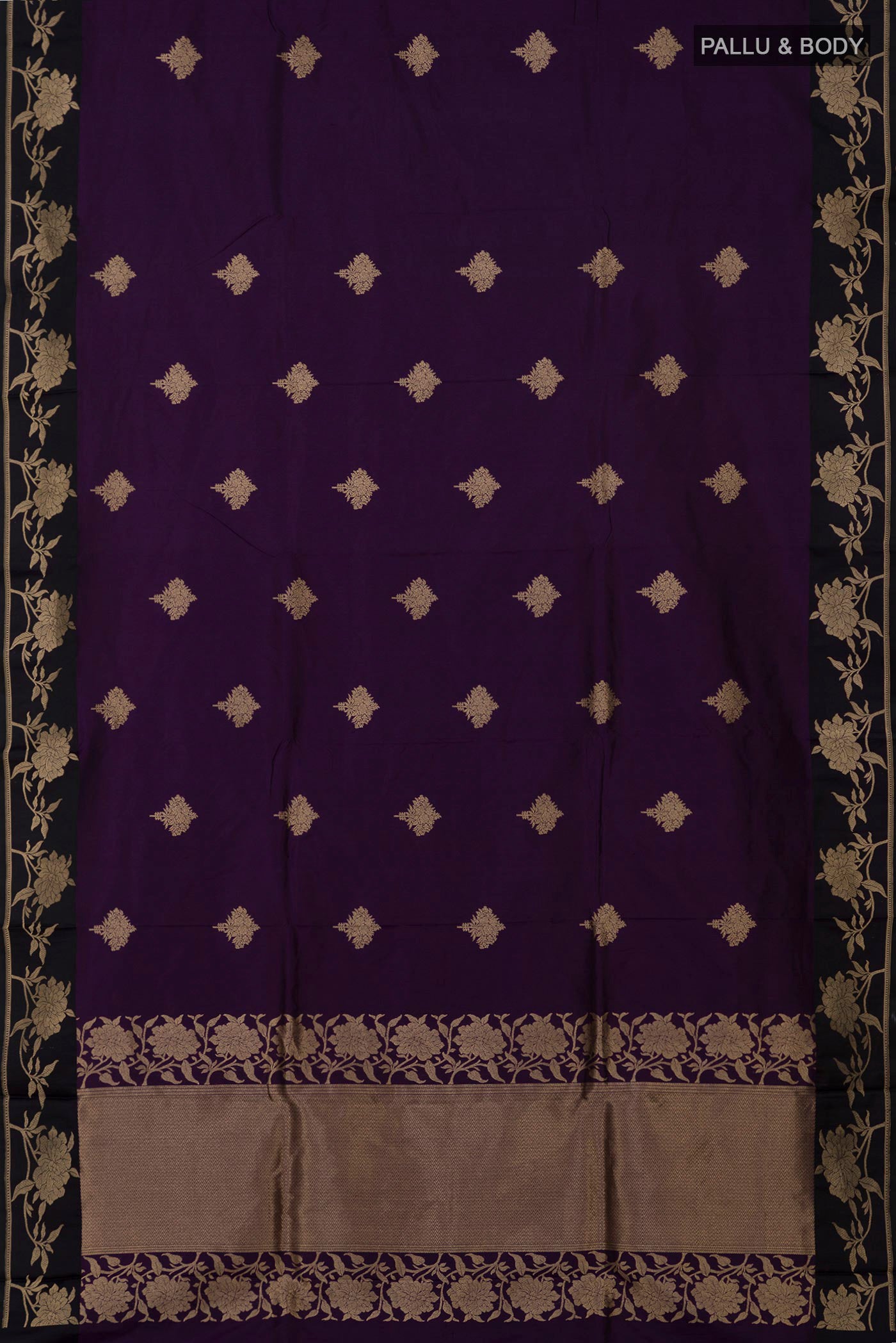 Flat view of Purple Banarasi Katan Silk Saree with Zari Butta on the body and Fancy Border. 
