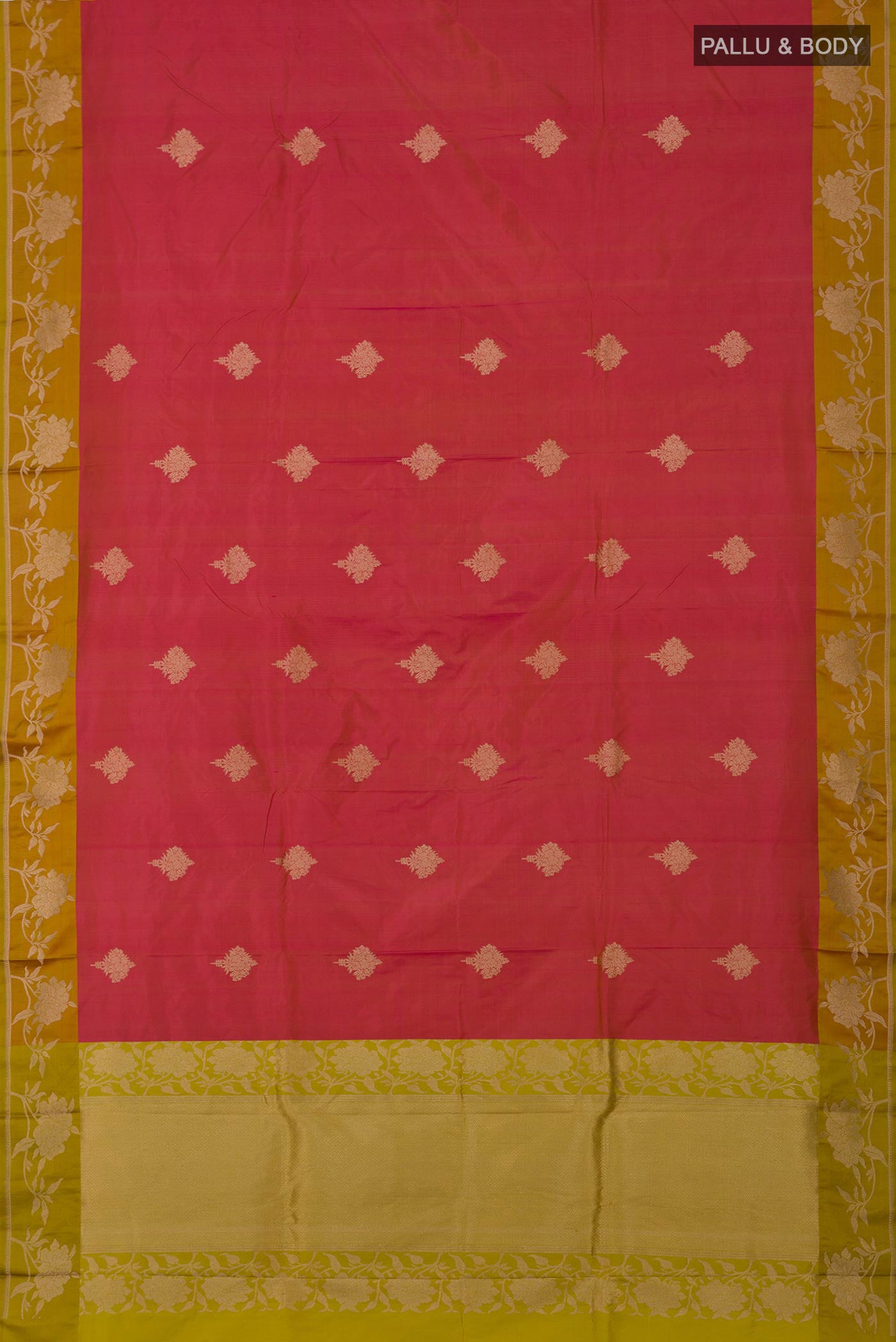 Flat view of Pink Banarasi Katan Silk Saree with Zari Butta on the body and Fancy Border. 