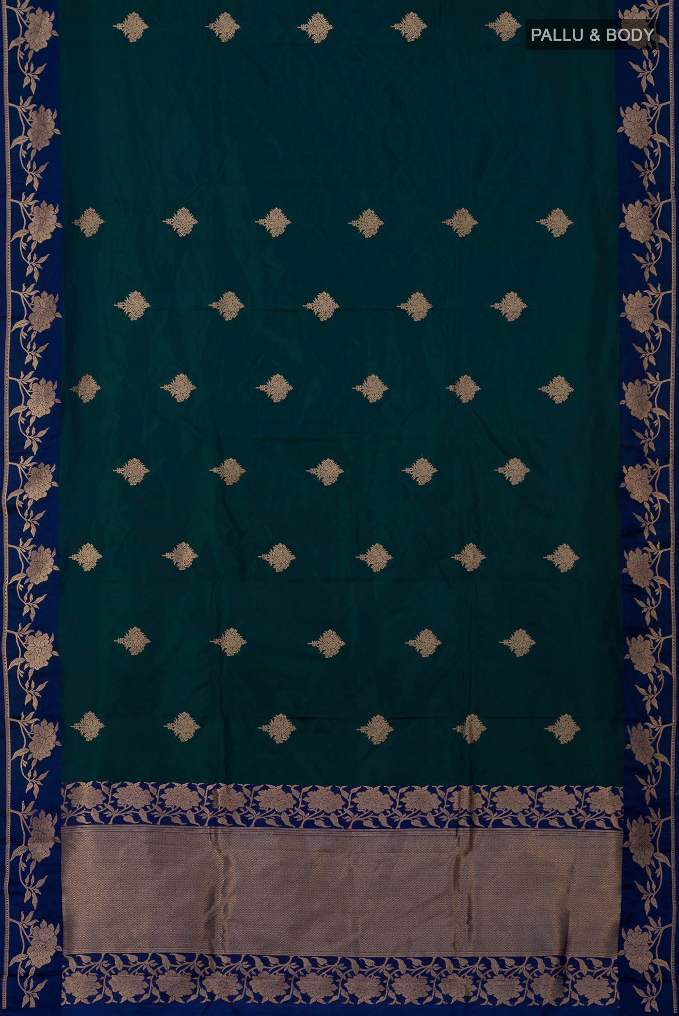 Flat view of Peacock Blue Banarasi Katan Silk Saree with Zari Butta on the body and Fancy Border. 