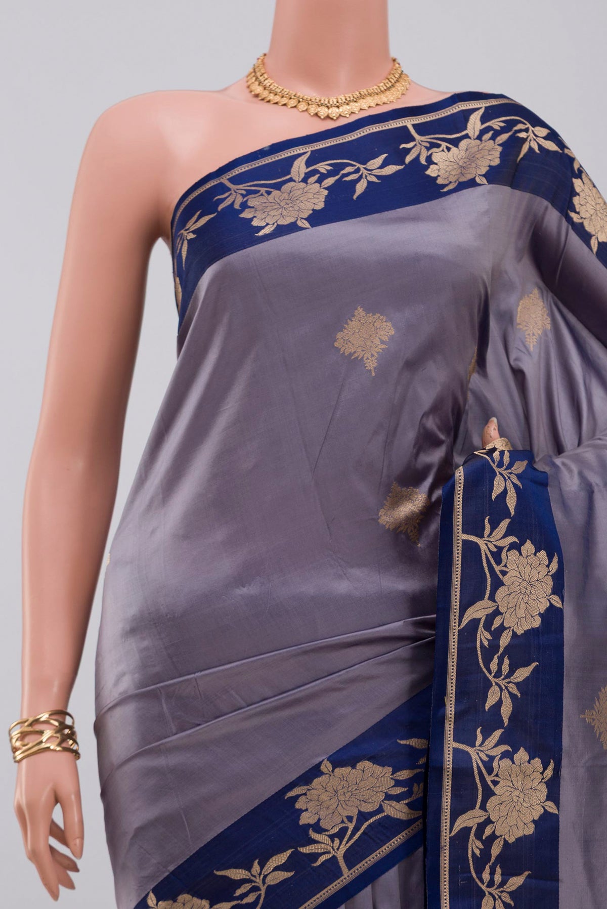Border image of Blue Grey Banarasi Katan Silk Saree with Zari Butta on the body and Fancy Border. 