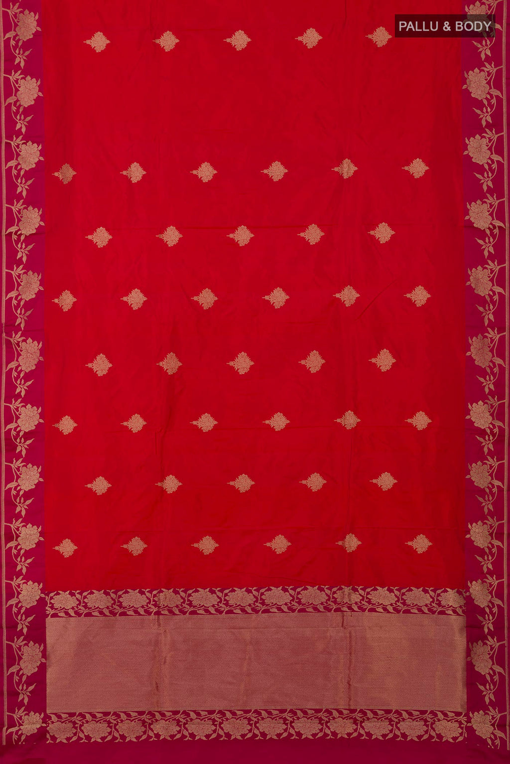 Flat view of Pink Banarasi Katan Silk Saree with Zari Butta on the body and Fancy Border. 