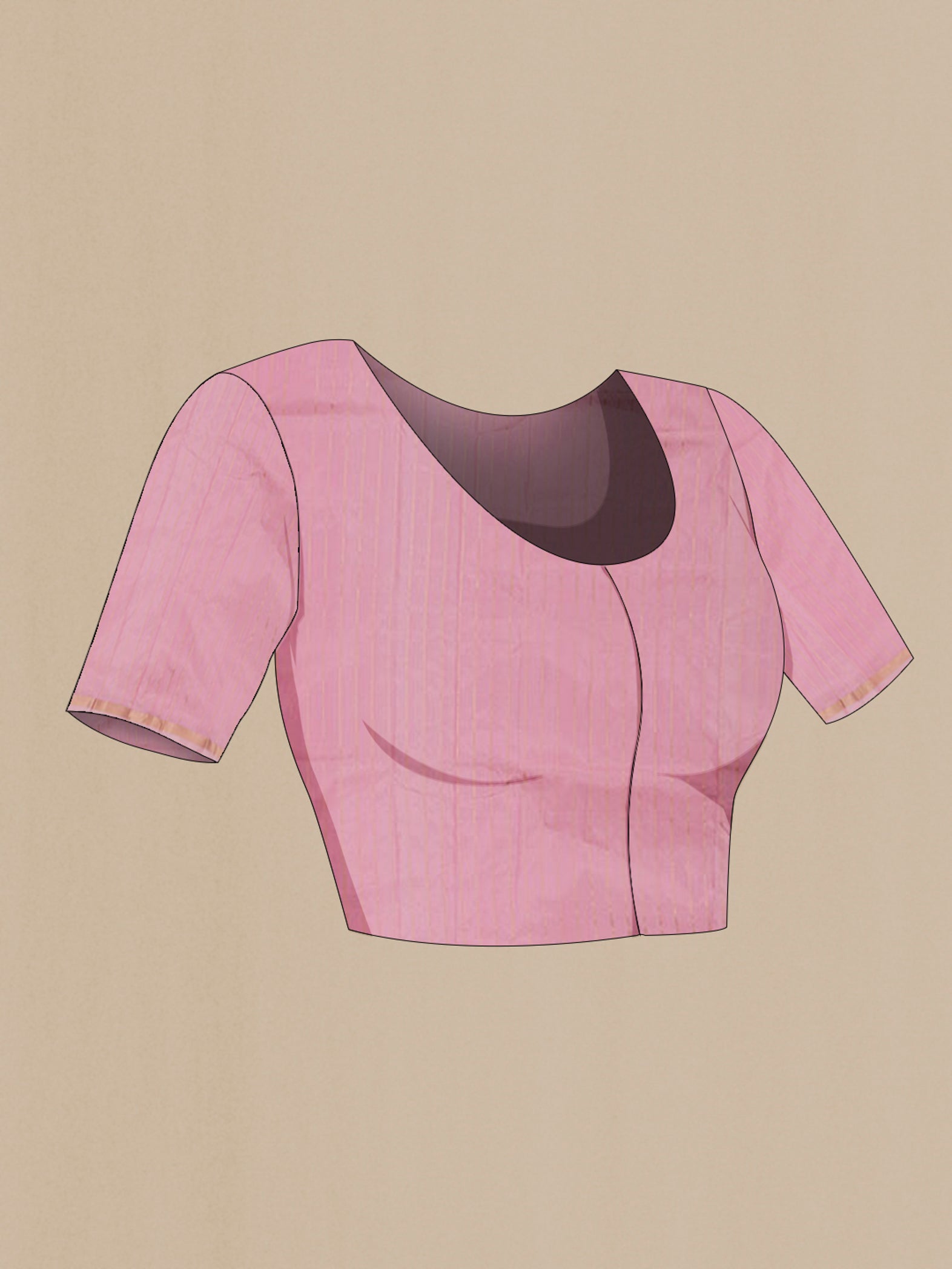 Close up image of the blouse of Pink Banarasi Katan Silk Saree with Zari Butta on the body and Thin Zari Line. 