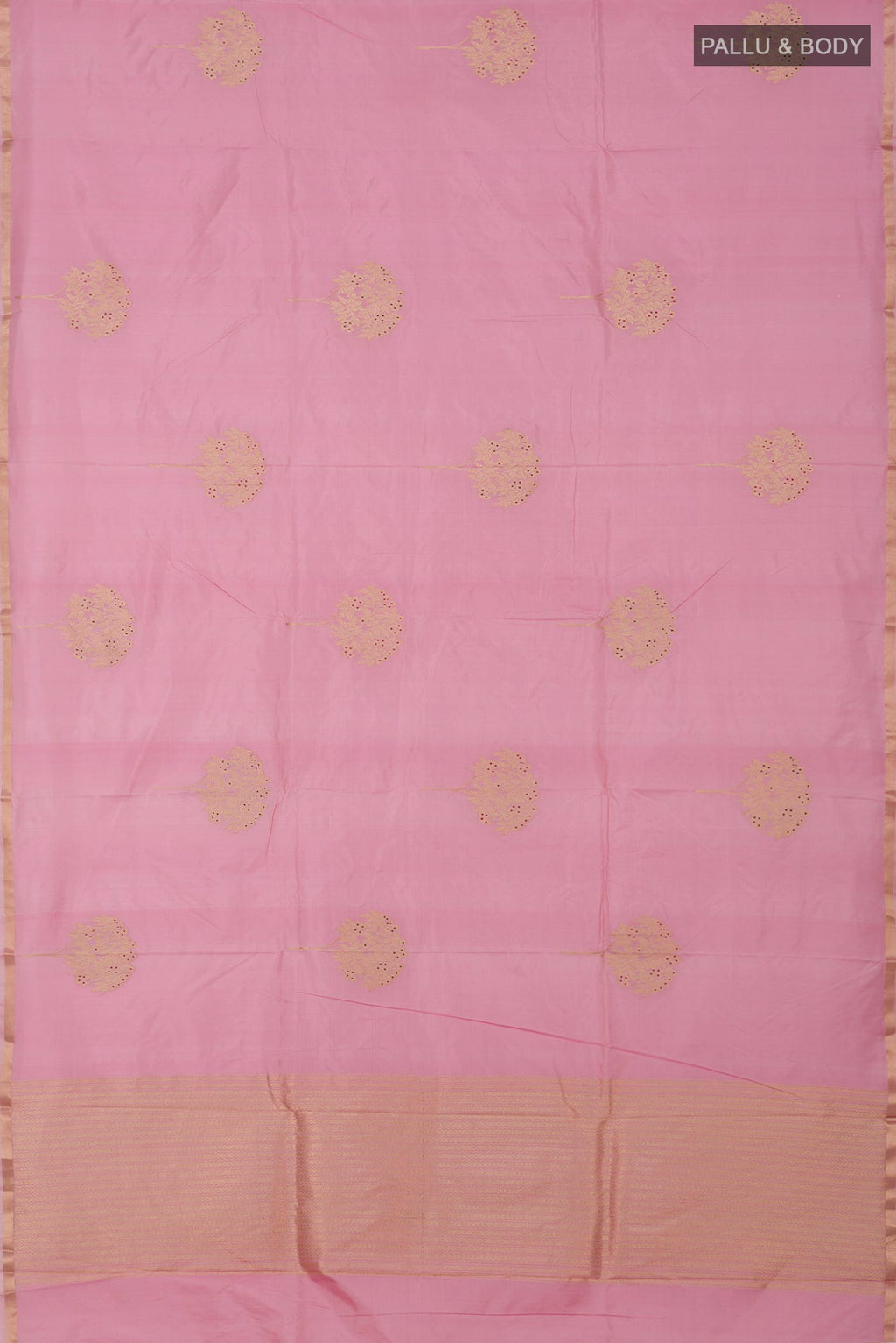 Flat view of Pink Banarasi Katan Silk Saree with Zari Butta on the body and Thin Zari Line. 
