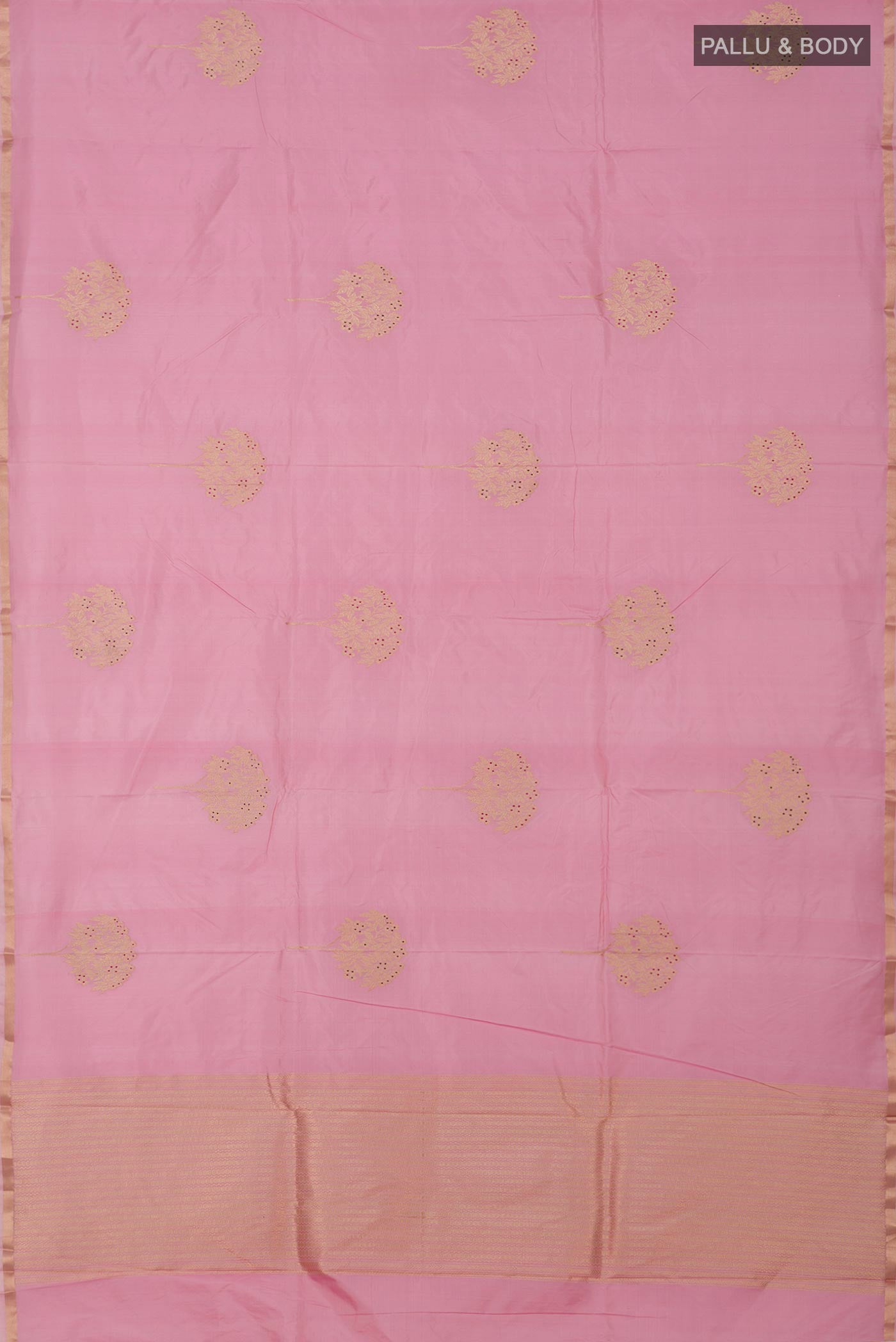 Flat view of Pink Banarasi Katan Silk Saree with Zari Butta on the body and Thin Zari Line. 