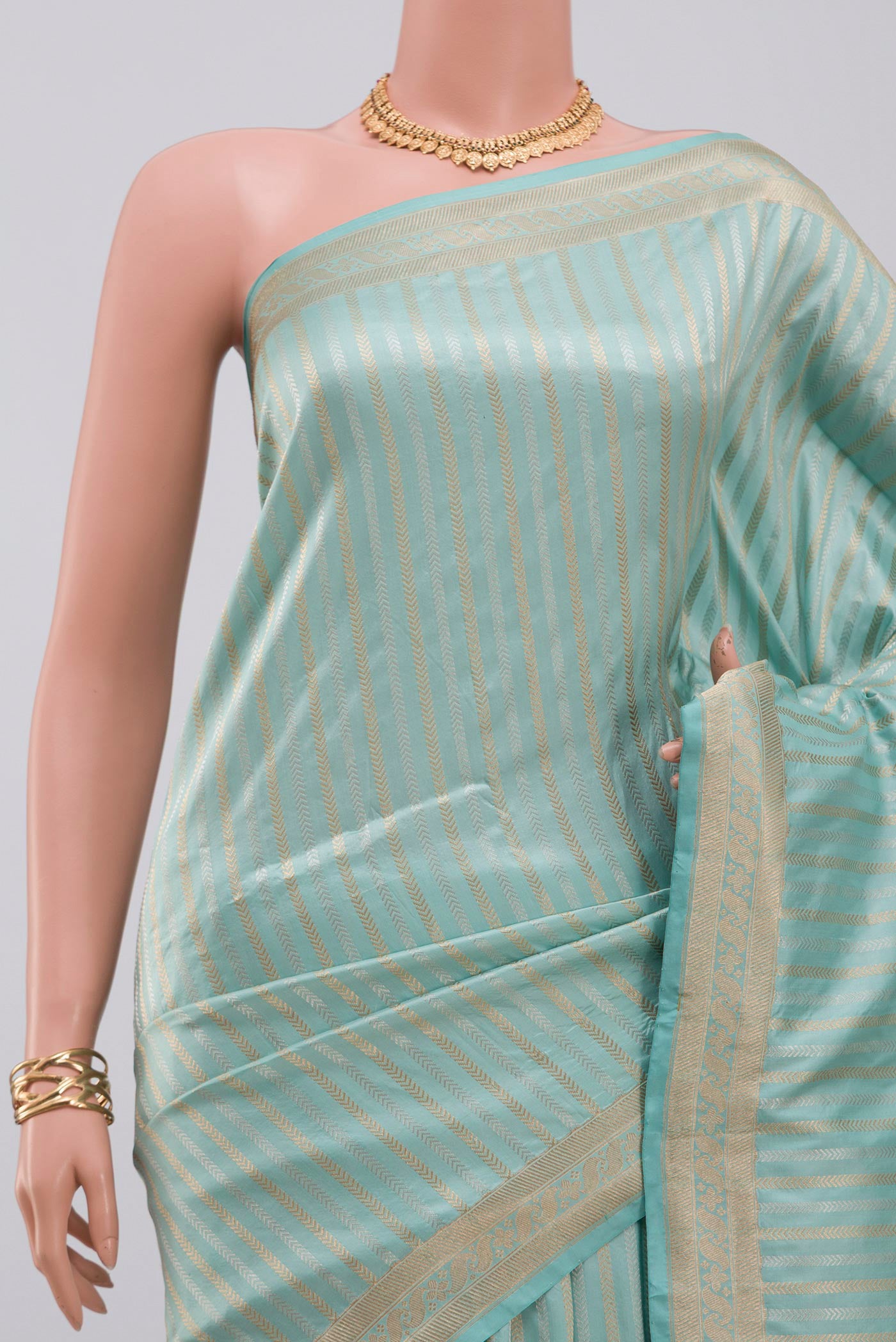 Border image of Sky Blue Banarasi Katan Silk Saree with Stripes on the body and Fancy Border. 