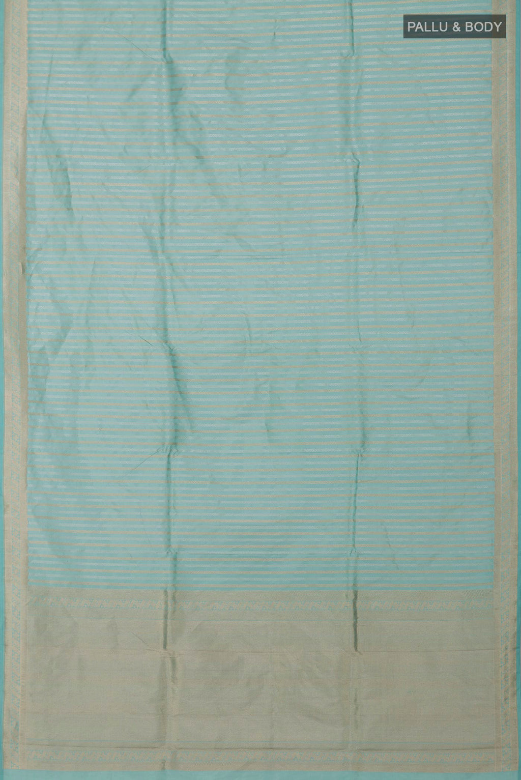 Flat view of Sky Blue Banarasi Katan Silk Saree with Stripes on the body and Fancy Border. 