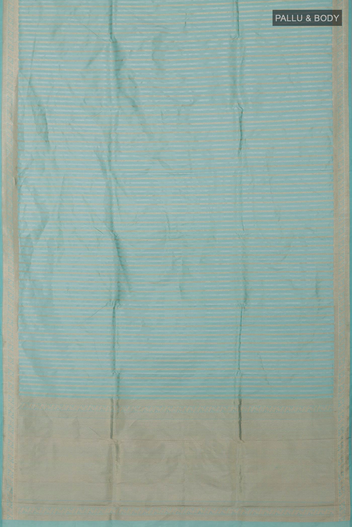 Flat view of Sky Blue Banarasi Katan Silk Saree with Stripes on the body and Fancy Border. 