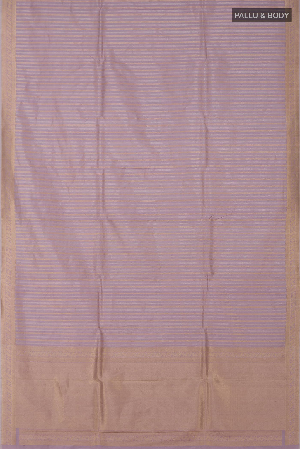 Flat view of Lavender Banarasi Katan Silk Saree with Stripes on the body and Zari Border. 