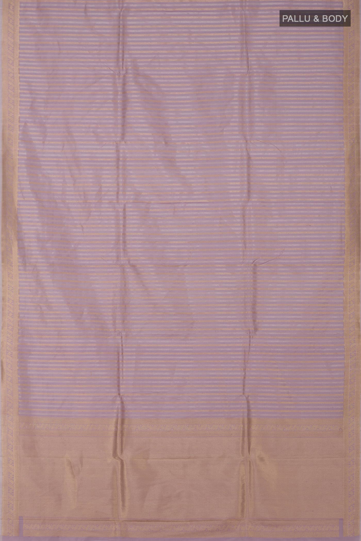 Flat view of Lavender Banarasi Katan Silk Saree with Stripes on the body and Zari Border. 