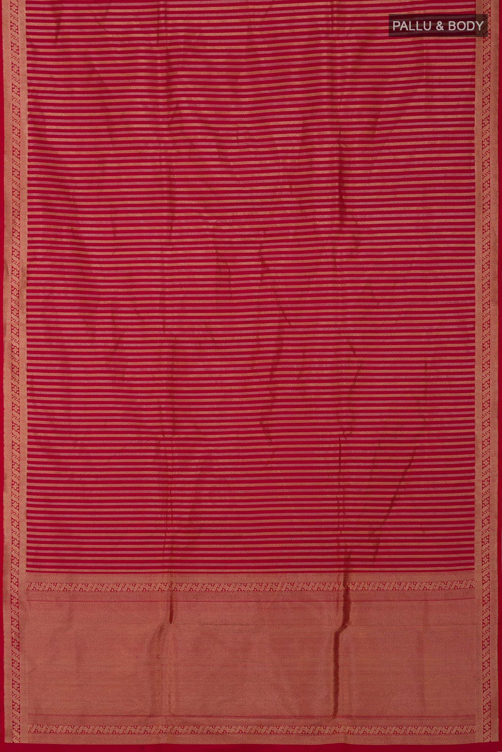 Flat view of Red Banarasi Katan Silk Saree with Stripes on the body and Fancy Border. 