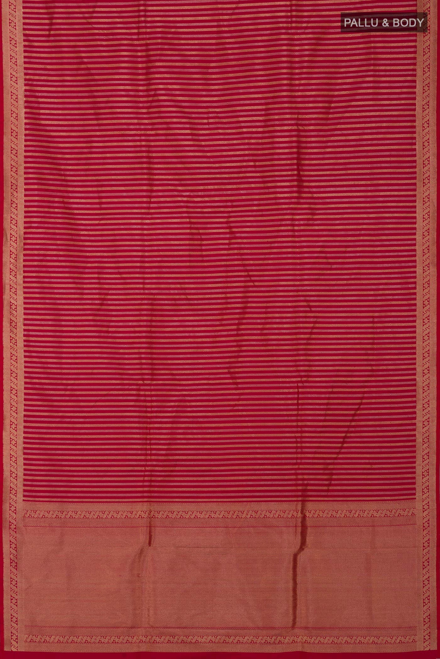 Flat view of Red Banarasi Katan Silk Saree with Stripes on the body and Fancy Border. 