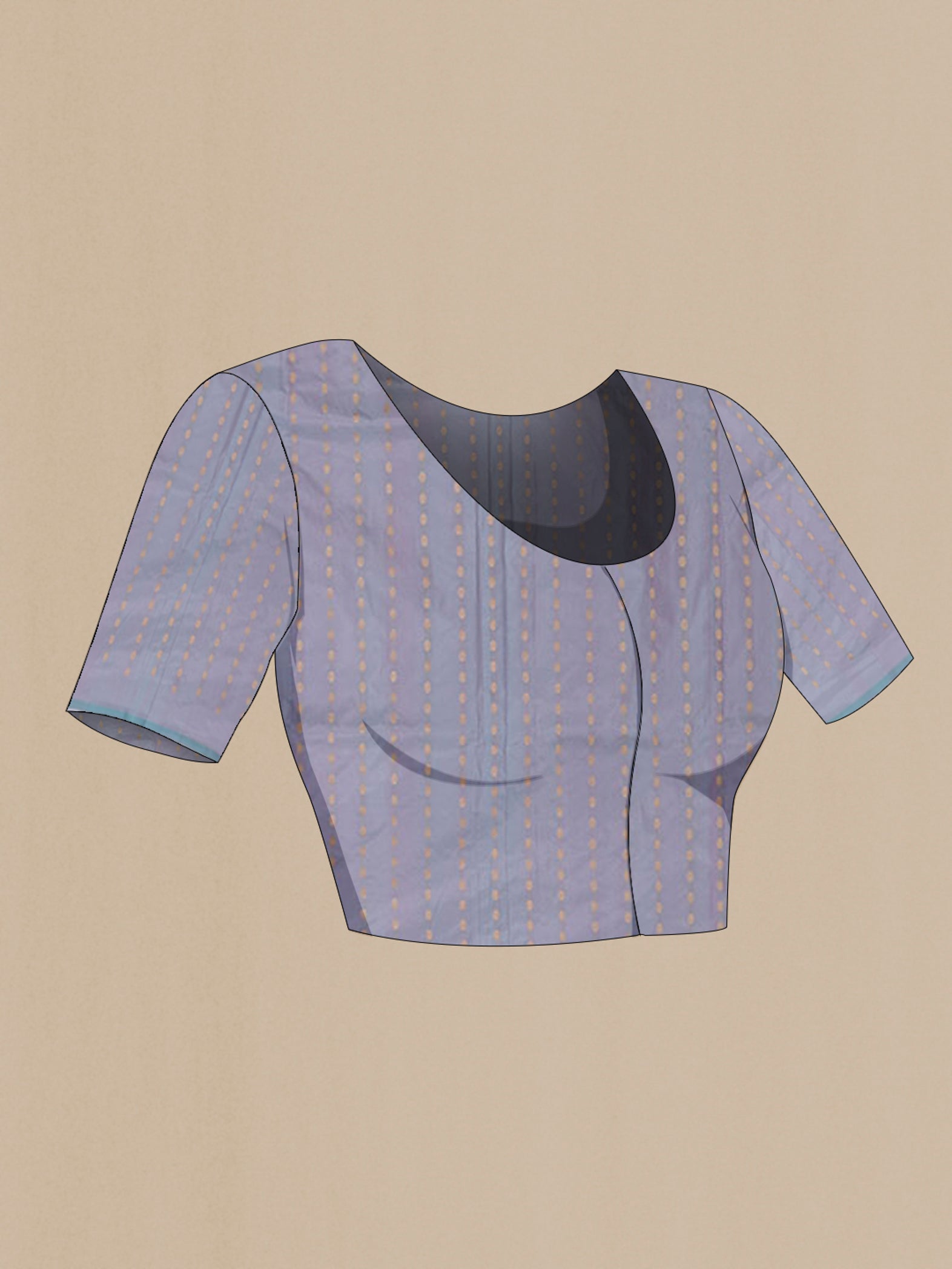 Close up image of the blouse of Light Blue Banarasi Katan Silk Saree with Stripes on the body and Zari Border. 