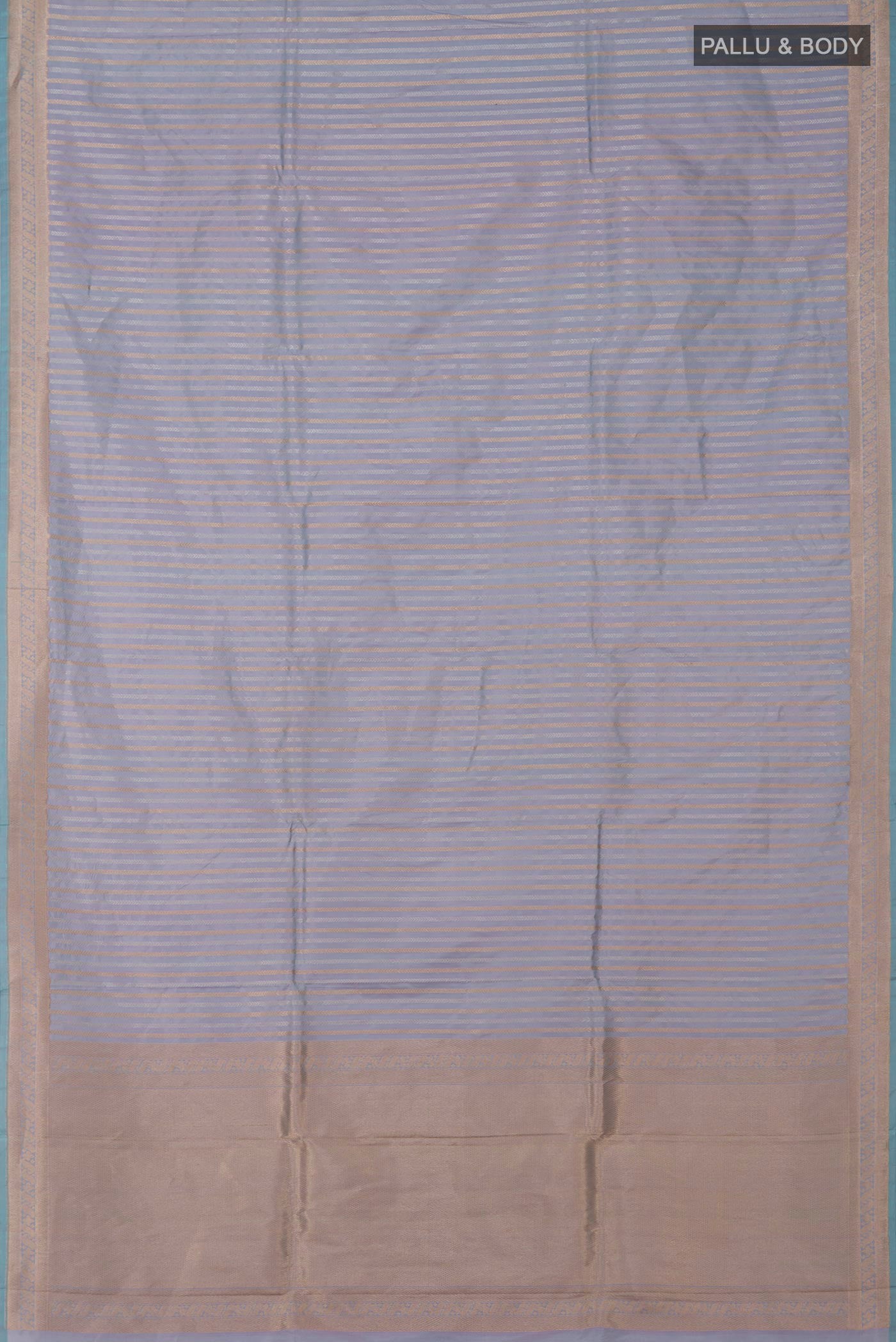 Flat view of Light Blue Banarasi Katan Silk Saree with Stripes on the body and Zari Border. 