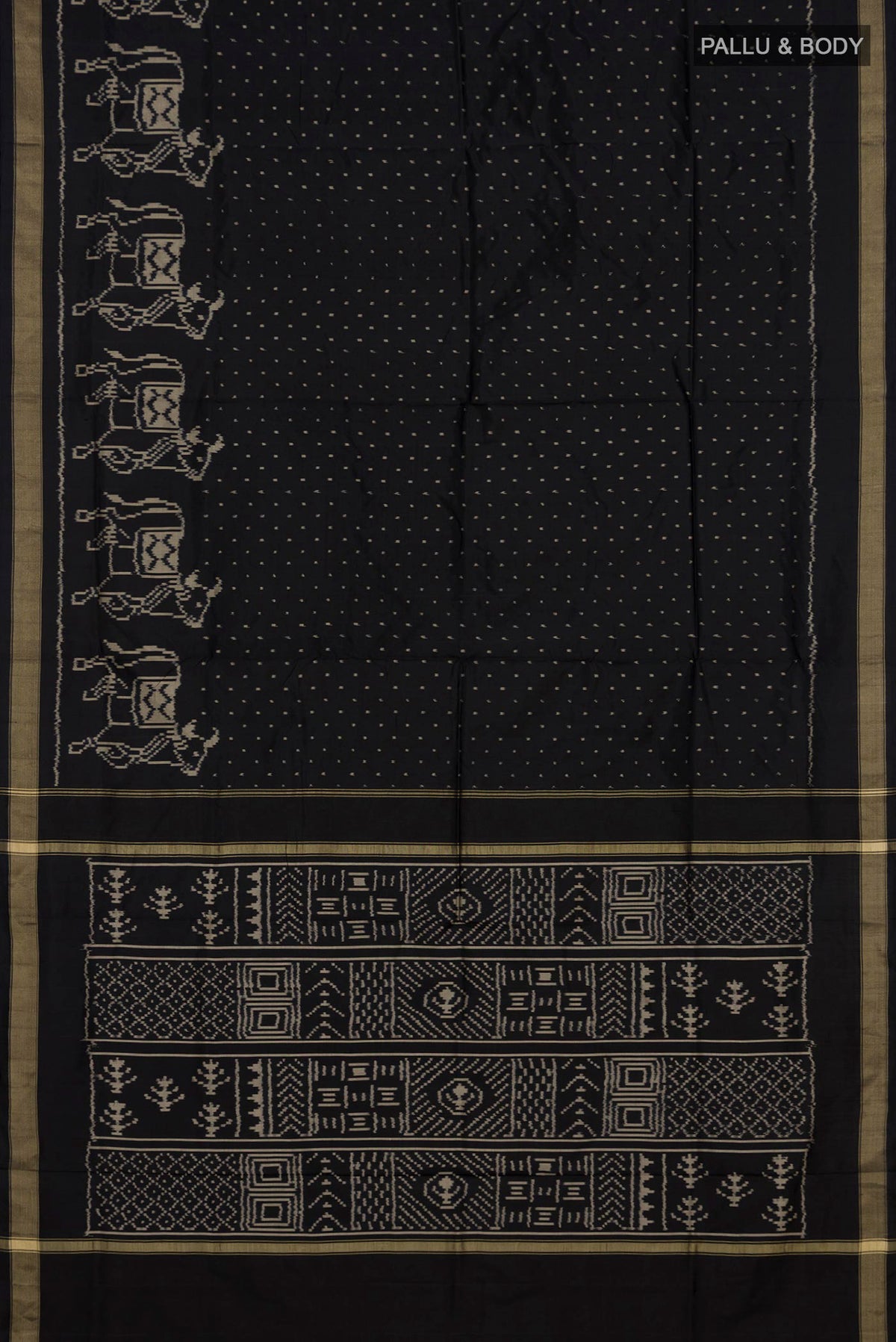 Flat view of Black Pochampally Silk Saree with Ikat design on the body and Thin Zari Line. 