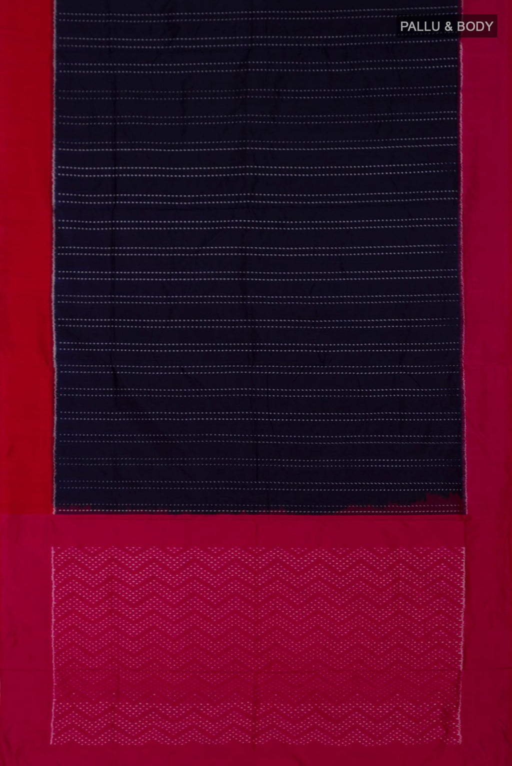 Flat view of Navy Blue Pochampally Silk Saree with Ikat design on the body and Plain Border. 