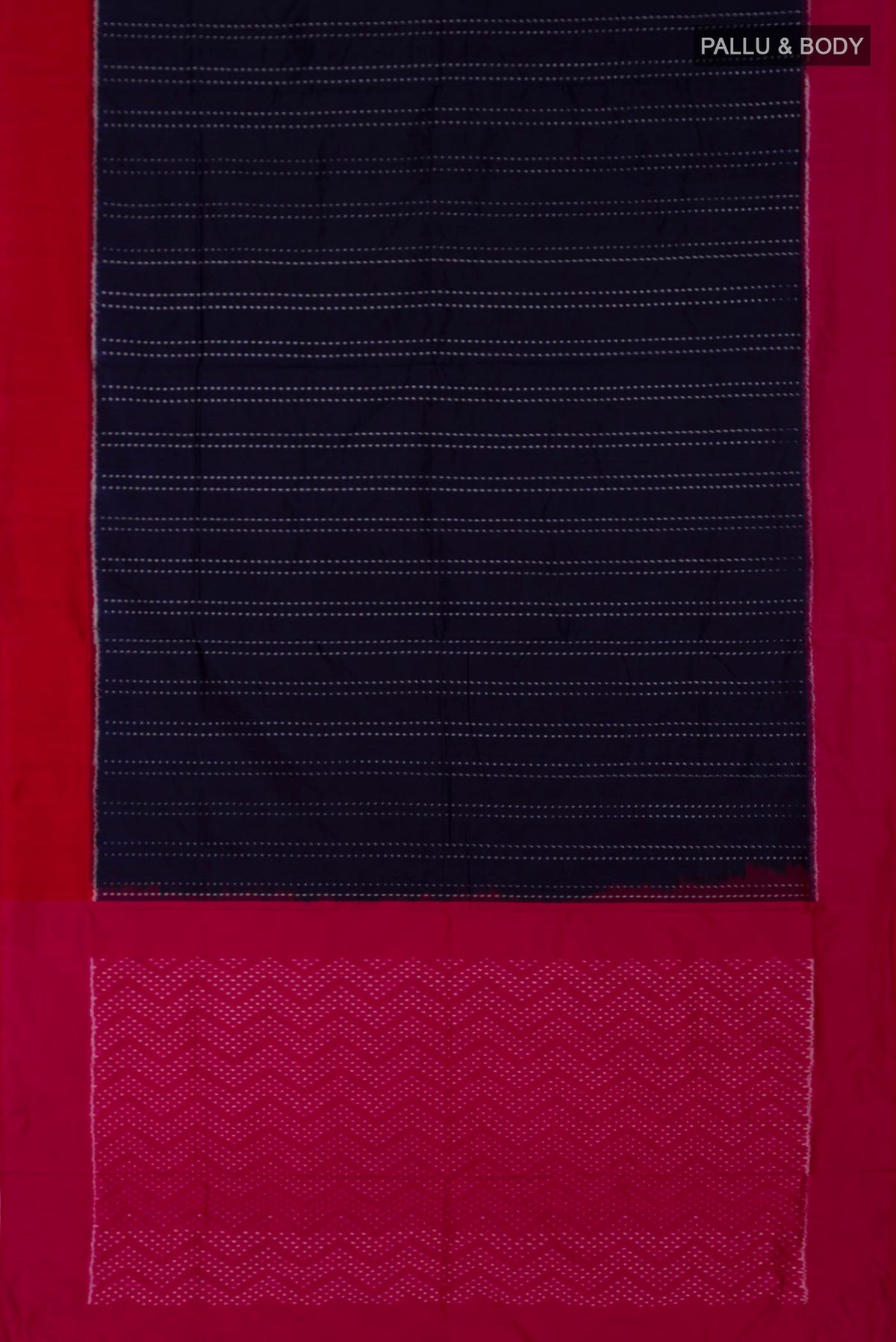 Flat view of Navy Blue Pochampally Silk Saree with Ikat design on the body and Plain Border. 