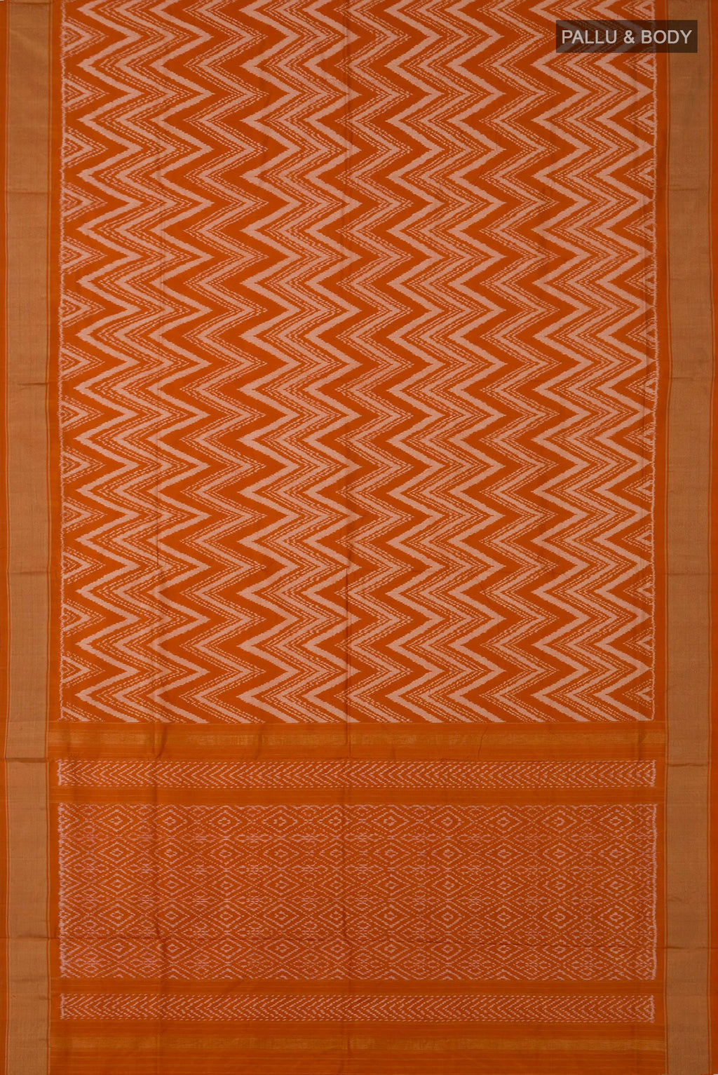 Flat view of Rust Pochampally Saree with Ikat design on the body and Zari Border. 