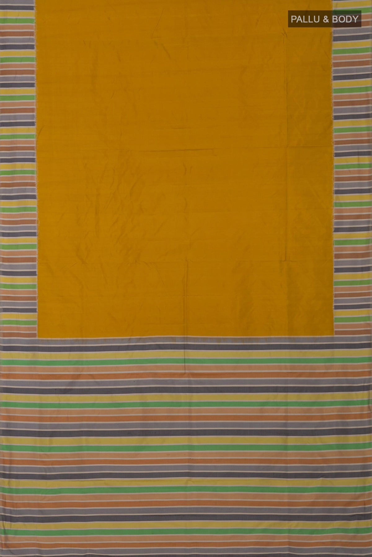 Flat view of Mustard Pochampally Silk Saree with Plain Body and Plain Border. 