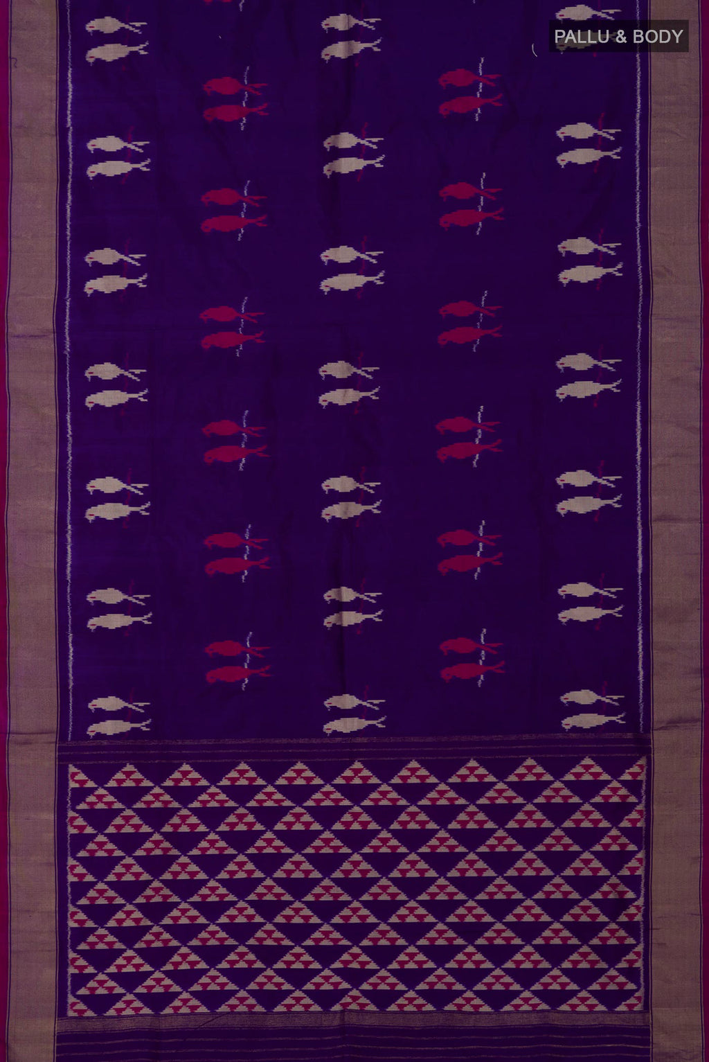 Flat view of Purple Pochampally Saree with Ikat design on the body and Zari Border. 